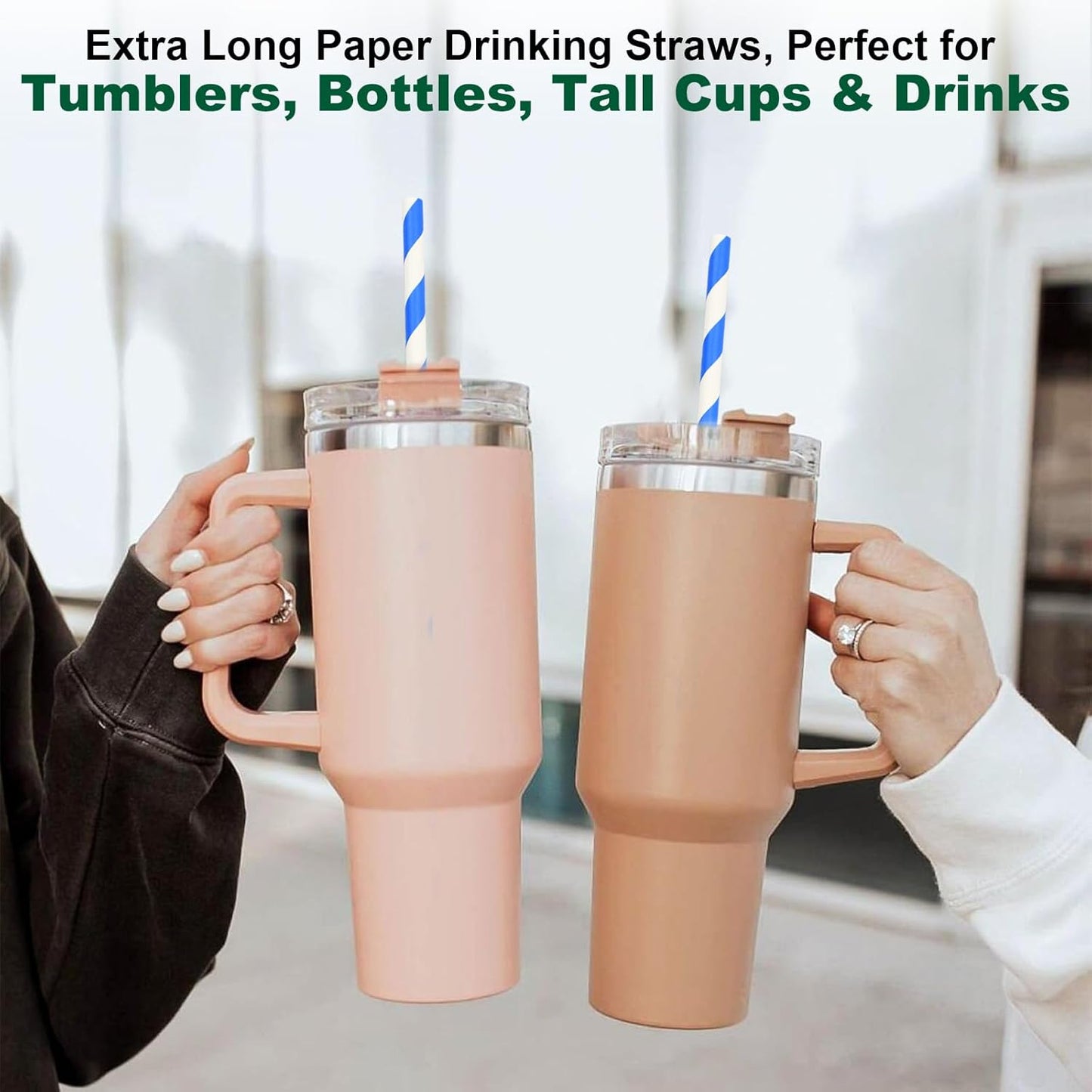 12 Inch Disposable Paper Drinking Straws Large and Tall, 8mm Wide - for Long Drinks, Smoothies, Milkshakes - Blue, 100 Counts - Eco-friendly