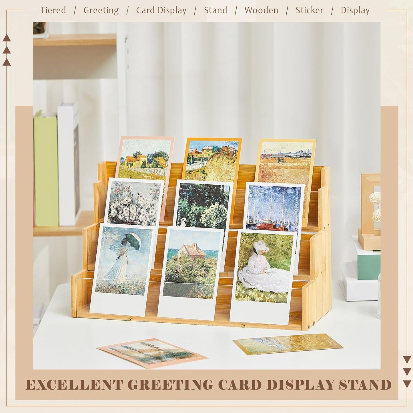 3 Tier Greeting Card Display Stand Wood Color Bamboo and Acrylic Sticker Display Stand Trading Card Holder Retail Photos Shelf for Vendors Craft Collection & Show