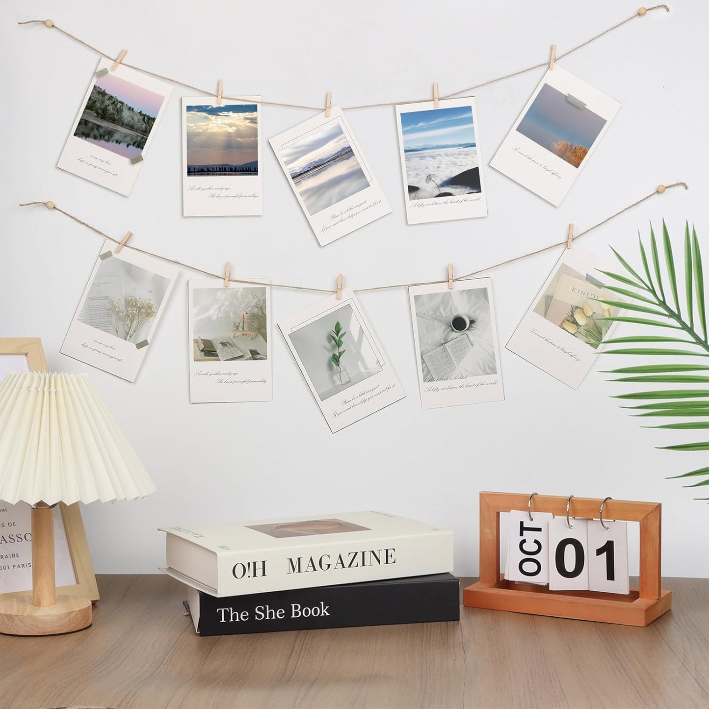 100 Pcs Wooden Clothespins for Photo Hanging Display, Mini Clothes Pins with String, Photo Display Hanging Clips for Crafts Pictures Photos Home Birthday Wedding Party Decoration