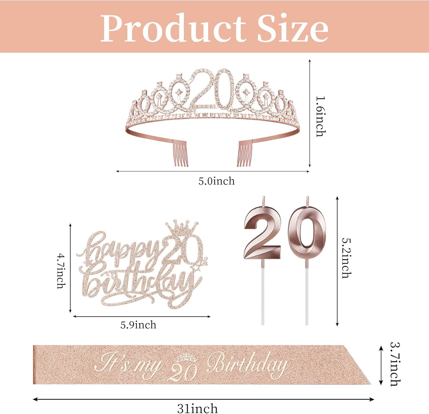 20th Birthday Decorations for Women Including Sash, Crown, Cake Topper and Candles, 20th Birthday Gifts for Women, Rose Gold Party Favor Supplies