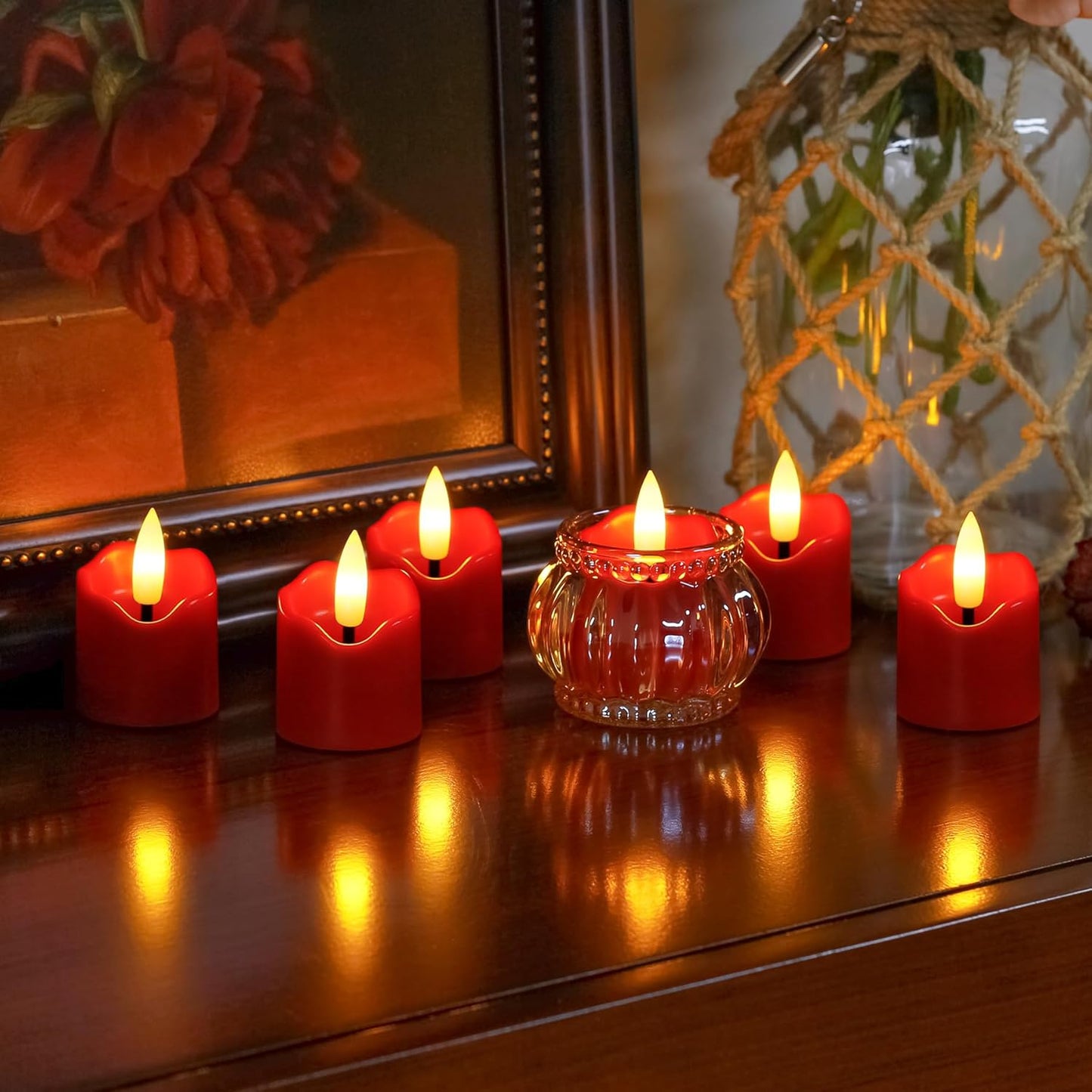 6 Pack Battery Operated Auto Daily Timer Burgundy Plastic LED Flameless Votive Candles, Long Runtime 1.6" x2.3" Flickering Tealight Candles with Remote Control