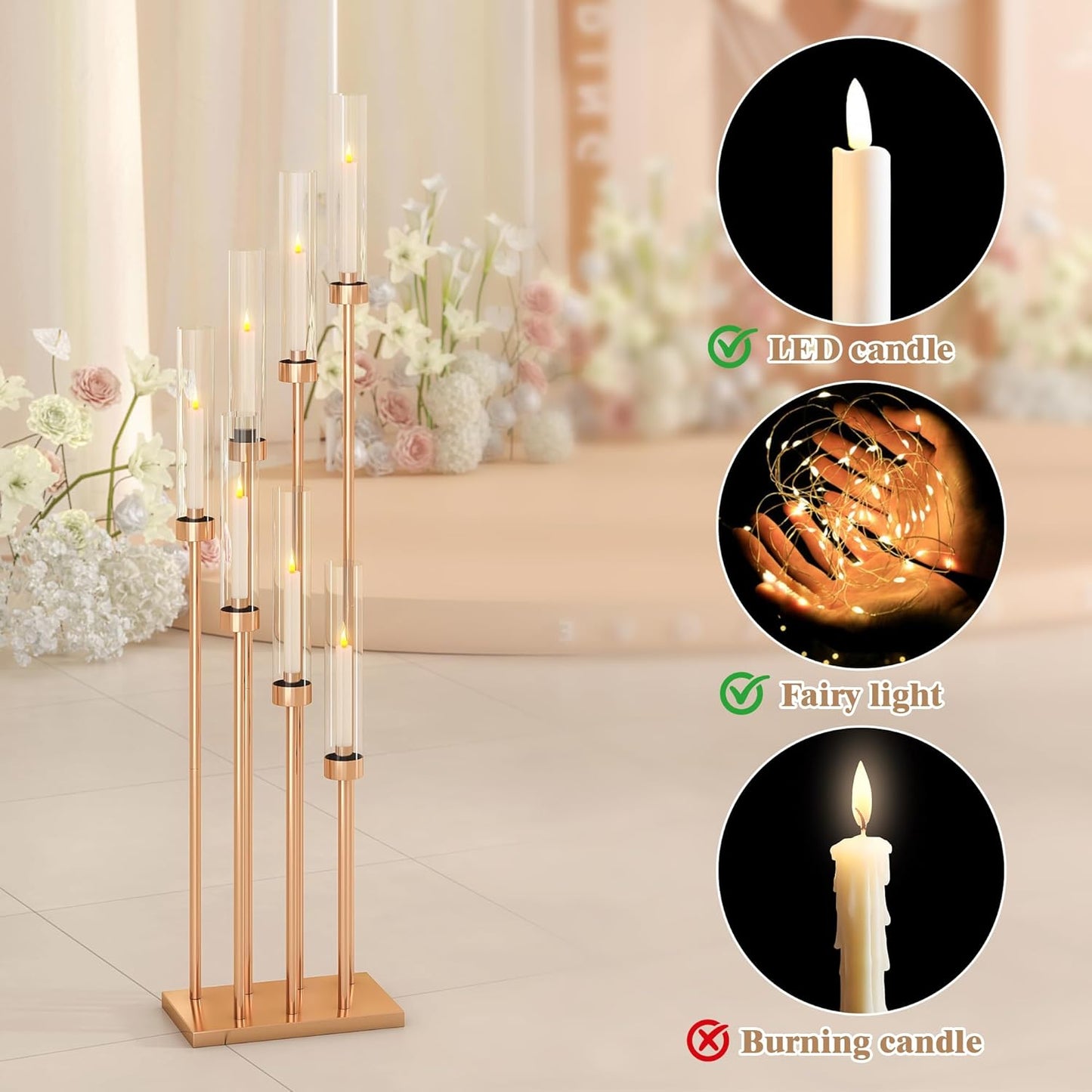 46.5'' Floor Candelabra 7 Arms Floor Candle Holders for Wedding Gold Candle Sticks Holder Decor Metal Candlestick Set with Acrylic Lampshades for Home Party (7 arm Square 46.5in)