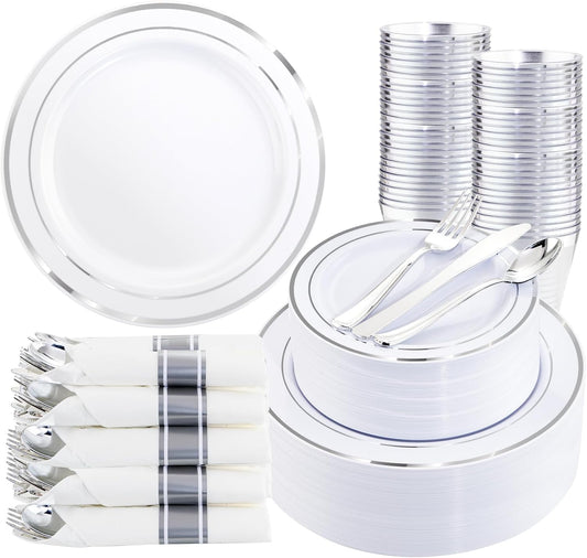 350Piece Silver Plastic Dinnerware Set for 50 Guests - Silver Plastic Plates with Cutlery Include:50Dinner Plates-50Dessert Plates-50Pre Rolled Napkins with Silverware for Christmas