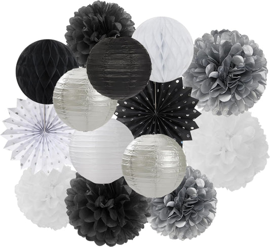 Black White Silver Party-Decorations Streamers-Lanterns - 14pc New Years Graduation 2025 Paper Fan, Bachelorette Birthday Wedding Baby Bridal Shower Tissue Pom Poms,Honeycomb Balls Decor Ouruola