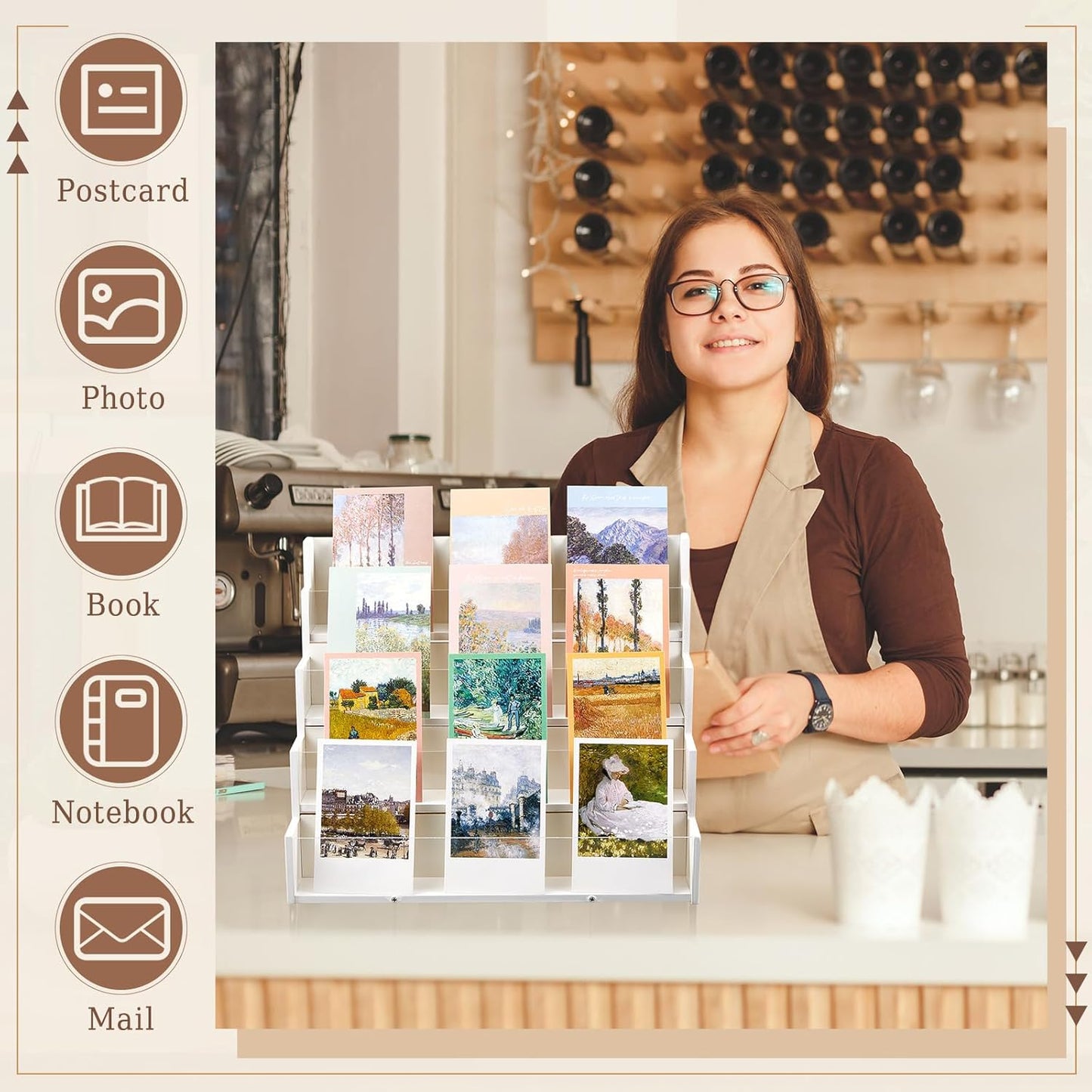 4 Tier Greeting Card Display Stand White Bamboo and Acrylic Sticker Display Stand Trading Card Holder Retail Photos Shelf for Vendors Craft Collection & Show