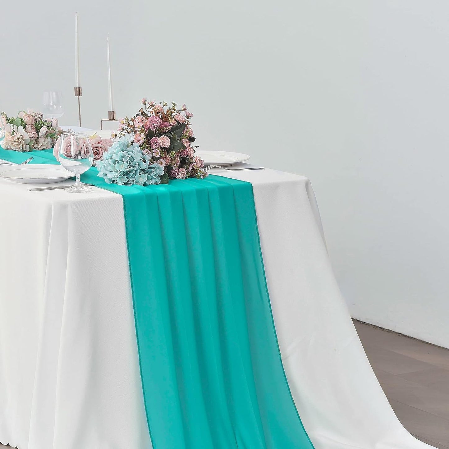 2 Pack 10Ft Turquoise Chiffon Table Runner Sheer 29x120 Inch for Romantic Wedding Decor Bridal & Baby Shower Birthday Rustic Party Decoration