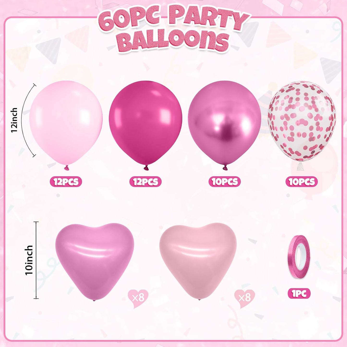 Hot Pink Balloons, 60pcs Metallic Pink Magenta Balloons With Macaron Heart Latex Balloon Confetti balloon For Girls Women Princess Birthday Baby Shower Bridal Shower Engagement Party Wedding Decor