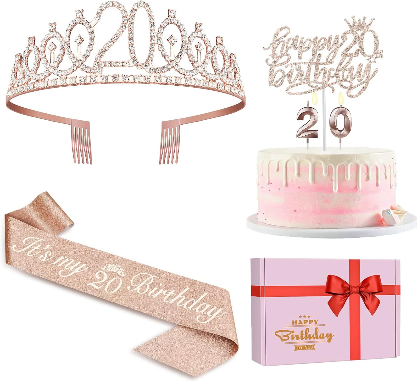 20th Birthday Decorations for Women Including Sash, Crown, Cake Topper and Candles, 20th Birthday Gifts for Women, Rose Gold Party Favor Supplies