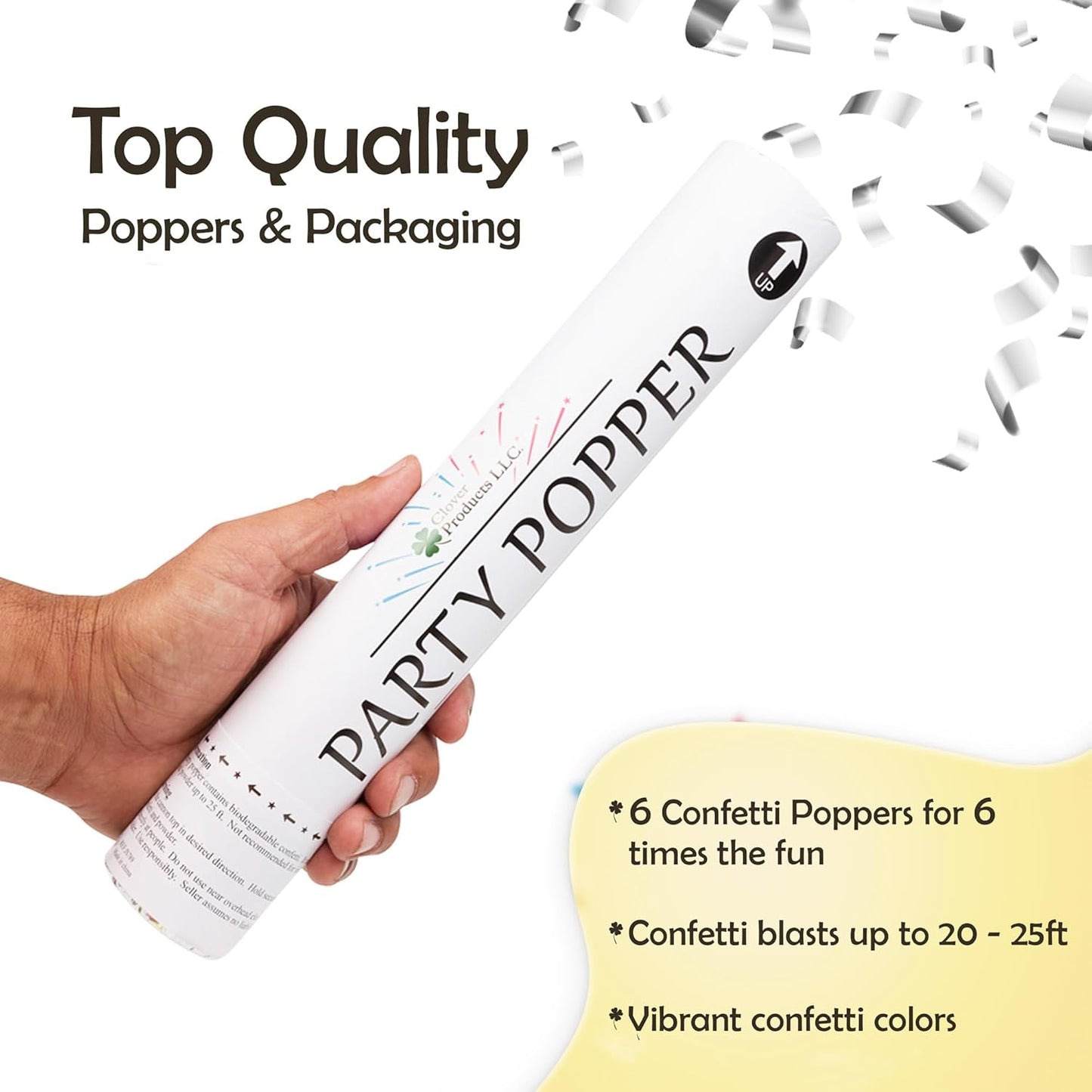 Confetti Cannon 12" – 6 Pack Silver Mylar Confetti Poppers | Party Poppers for Weddings, Birthdays, Graduations & Events | Air-Powered, Safe & Easy to Use | Shoots 25 Feet Indoor & Outdoor