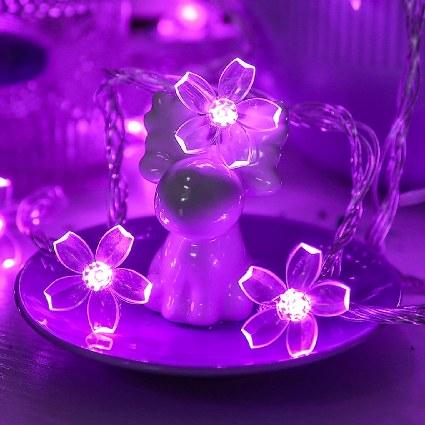 Cute Flower String Lights, USB & Battery Lighted Decorative Fairy Cherry Blossom Indoor Bedroom Tree Branches Hanging, Novelty Floral Lamp for Christmas Easter Wedding Party Birthday Decor (Purple)