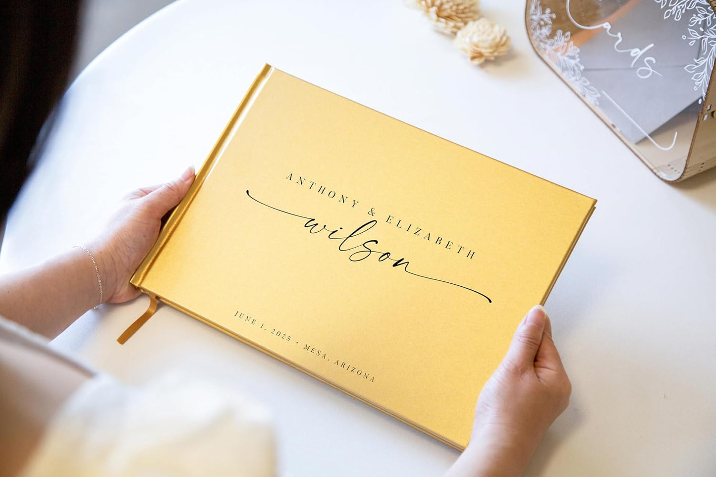 Personalized Guest Book - 11.5" x 8.5" Custom Bride & Groom Names with Bookmark and Hard Cover 140 GSM Blank Pages, for Weddings Guest Book, Engagements, Birthdays, Special Events, Gold
