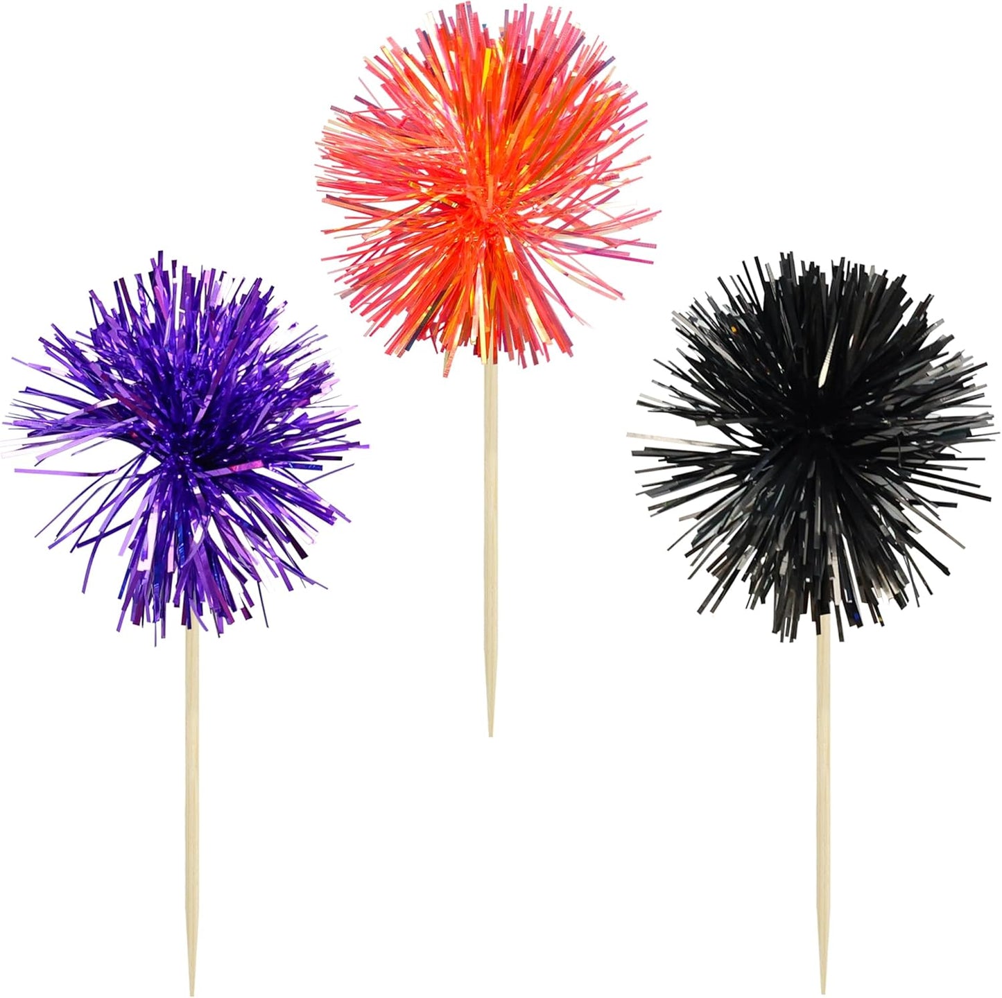 Gyufise 30Pcs Foil Firework Cupcake Toppers Sparkle Tinsel Cake Toppers Tinsel Drink Cake Decoration Cocktail Picks for Halloween Birthday Wedding Graduation Party Supplies Purple Black Orange