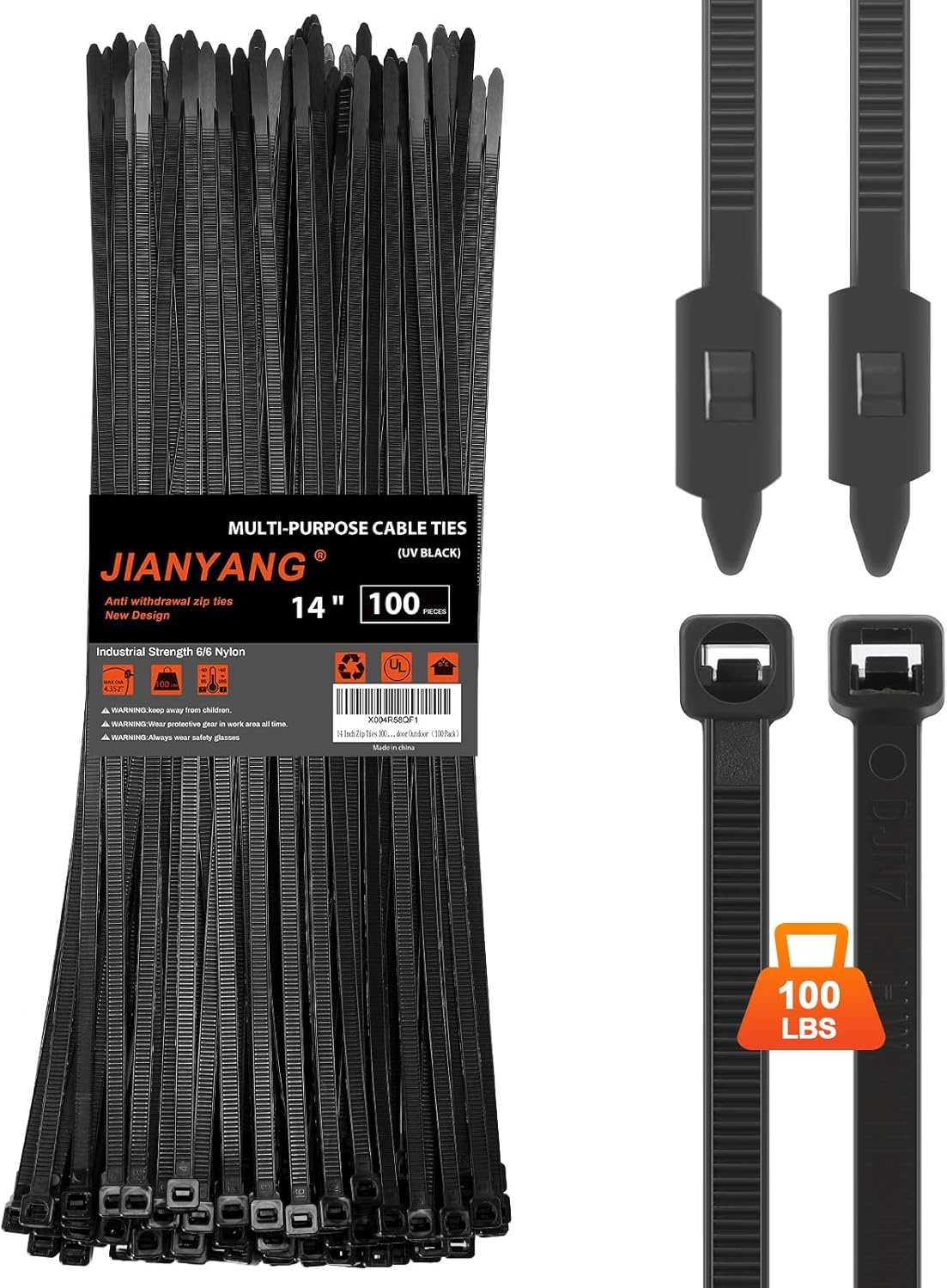 14 Inch Anti Withdrawal Zip Ties 100 LBS Tensile Strength Heavy Duty Cable Wire Ties With Self-Locking Adjustable More Durable Nylon Tie Wraps for Indoor Outdoor（100 Pack）