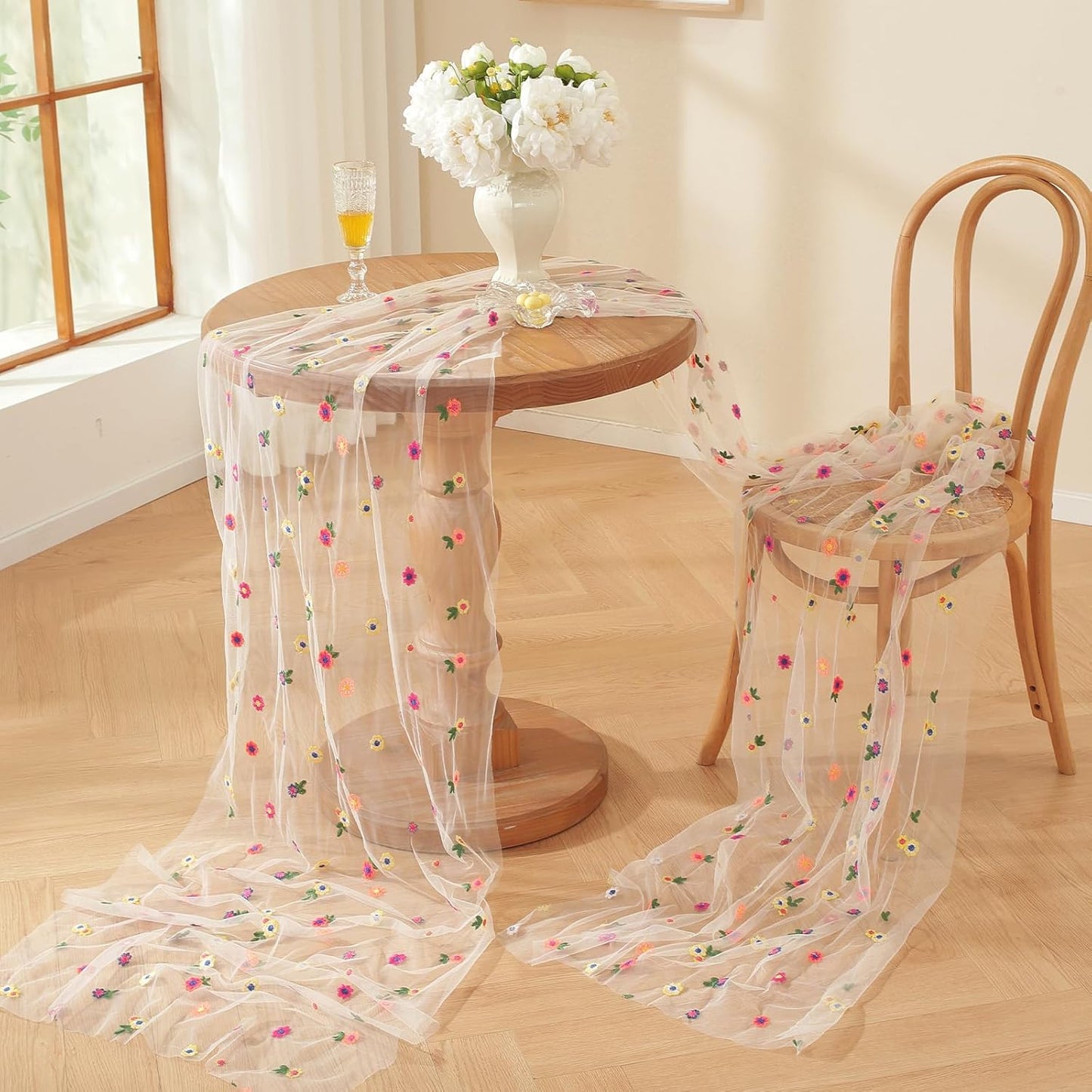 White Embroidery Daisy Fall Table Runner 120Inch 10FT Florals Soft Sheer Tulle Fabric Table Runner for Home Decor, Brithday, Wedding, Baby Shower ,Holiday ,Parties, DIY Craft,1PC