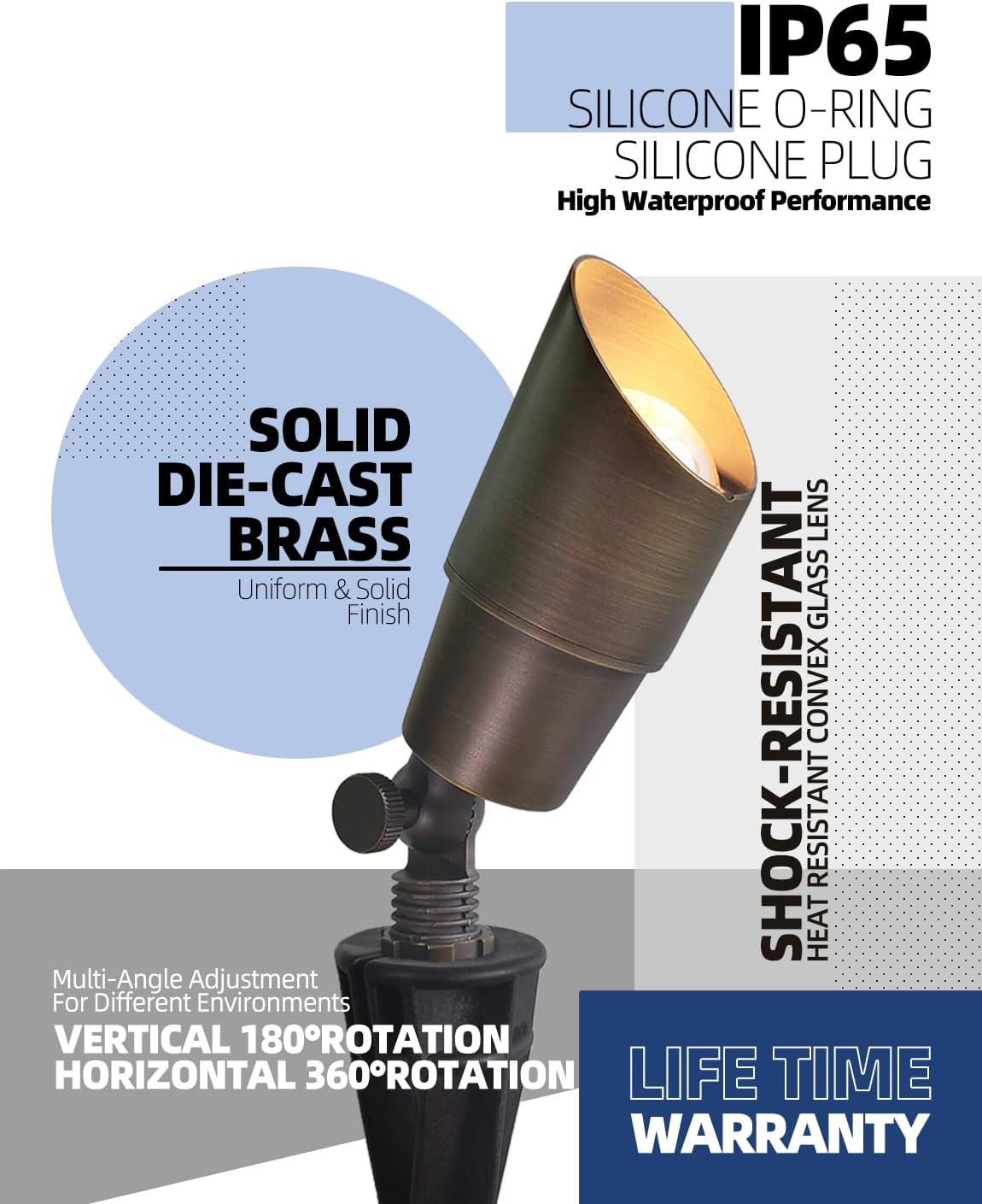 MALORY Brass Landscape Spotlight 12-Pack with Bulb(S01), Low Voltage 12V AC/DC LED Outdoor Landscape Lighting,PVC Ground Stake and Wire Connector Included, Garden Patio Trees Spot Uplight