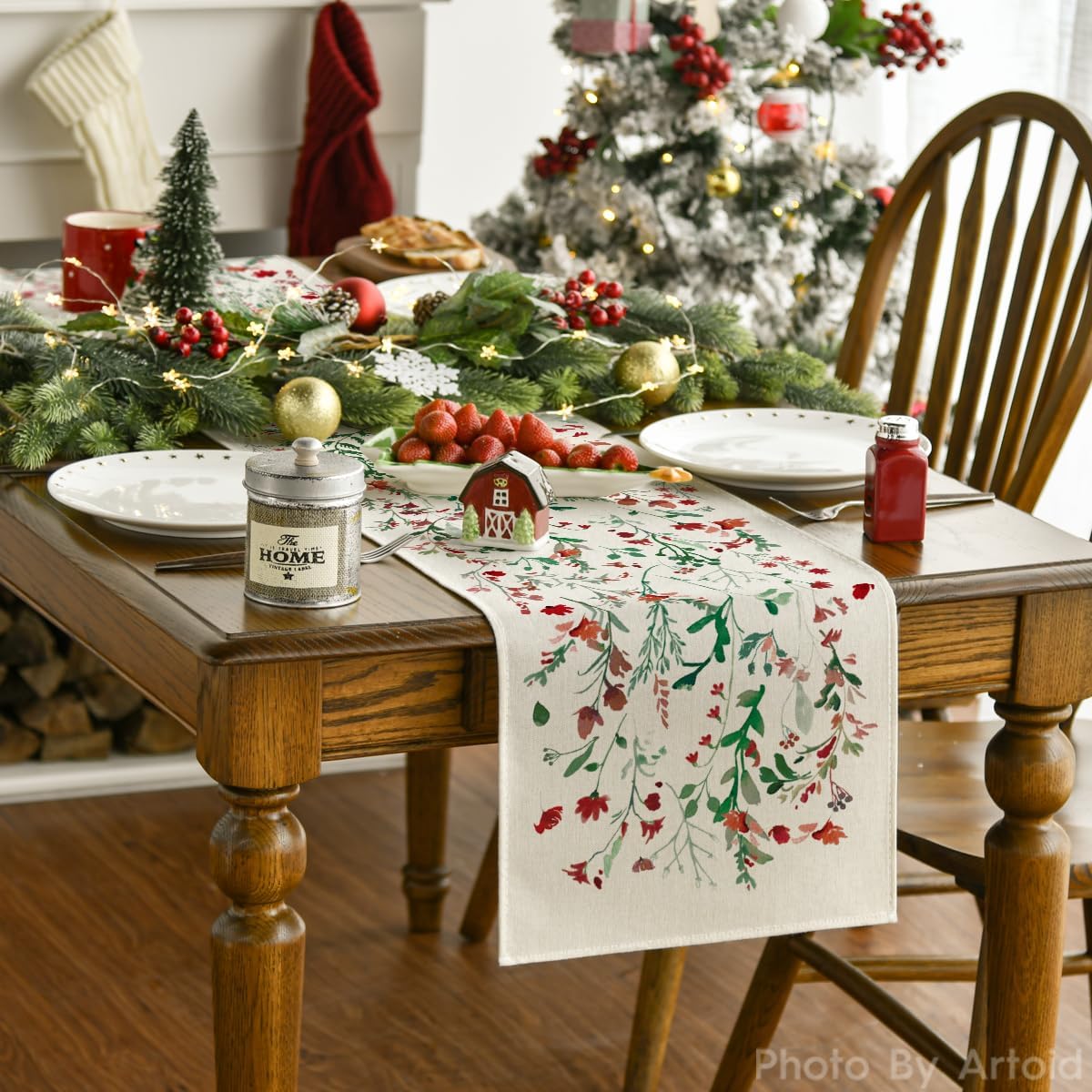 Artoid Mode Floral Leaves Christmas Table Runner, Wild Flowers and Grasses Winter Kitchen Dining Table Decoration for Home Party Decor 13x60 Inch