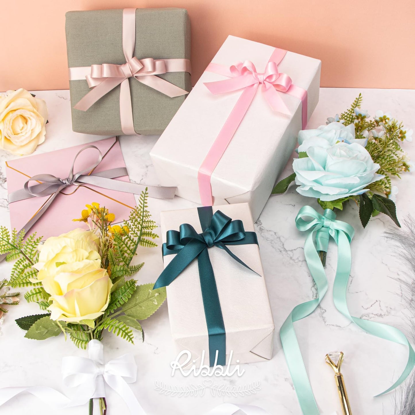 Ribbli White Satin Ribbon 5/8 inch x Continuous 25 Yards,Double Faced Satin Use for Craft, Gift Wrapping, Christmas Ornaments, Hair Bows, Bouquet Bows