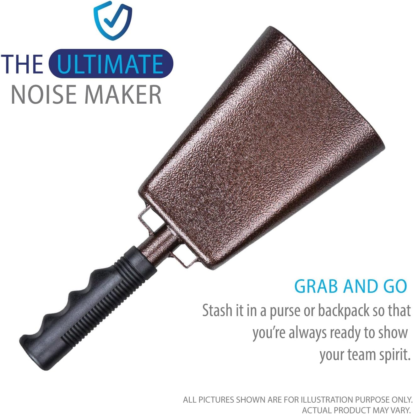 Deke Home - 2 Pack 10 Inch Steel Cowbells with Handle, Loud Noise Makers for Football, Sports, Parties, Competitions, School Spirit & Safety, Large Hand Bell for Cheering & Percussion Instrument