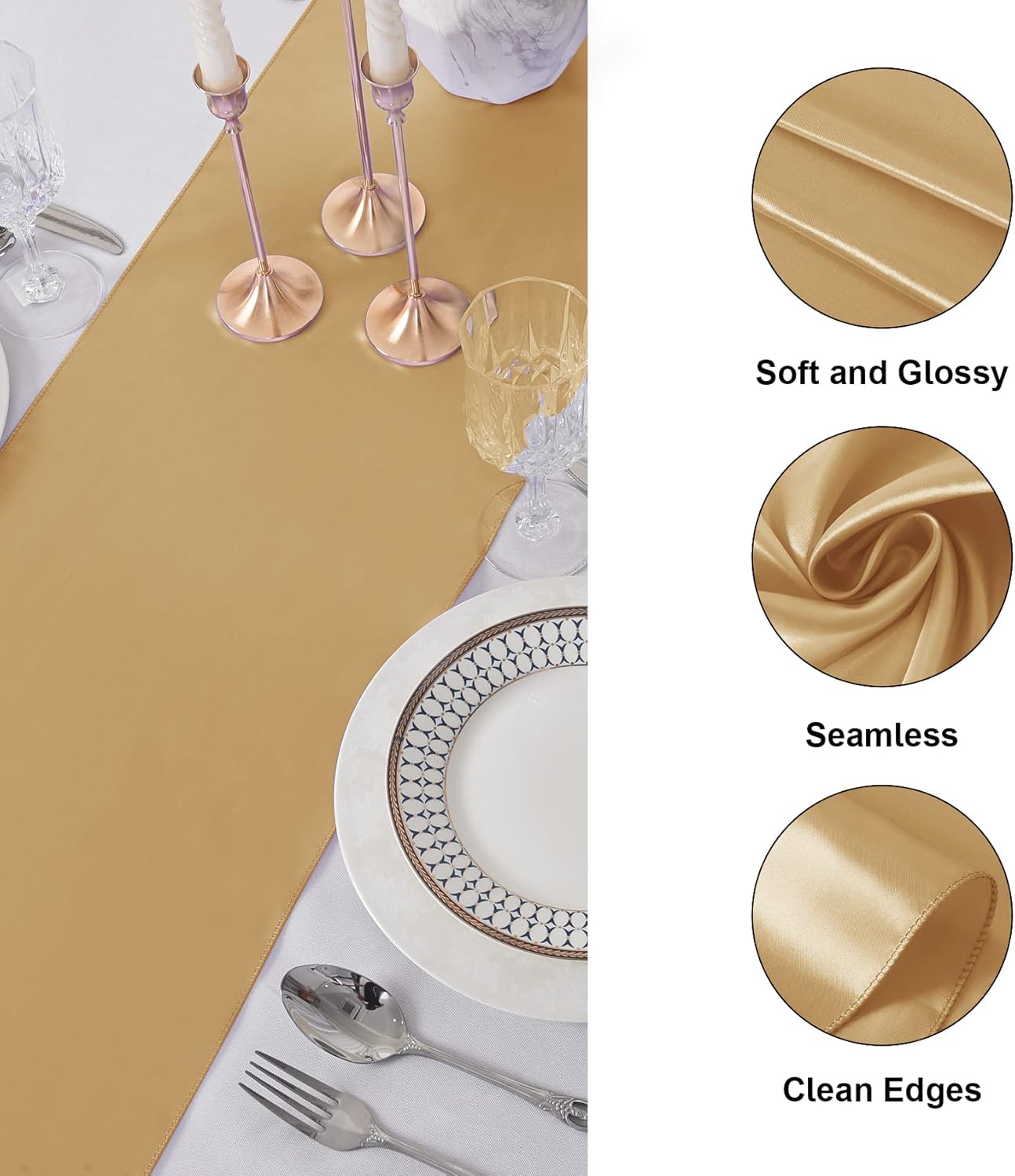 6Pack Table Runner 12 x 108 Inches Satin Silk Table Runner for Wedding, Birthday Party, Banquets, Graduations Decoration, fit Rectange and Round Table-Champagne