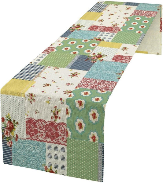 Patchwork Boho Table Runner,Vintage Colorful Floral Plaid Polka Dot Print Tablecloth Burlap for Hotel Indoors Outdoor Dining Room Kitchen Home Decor,W13X L60 in