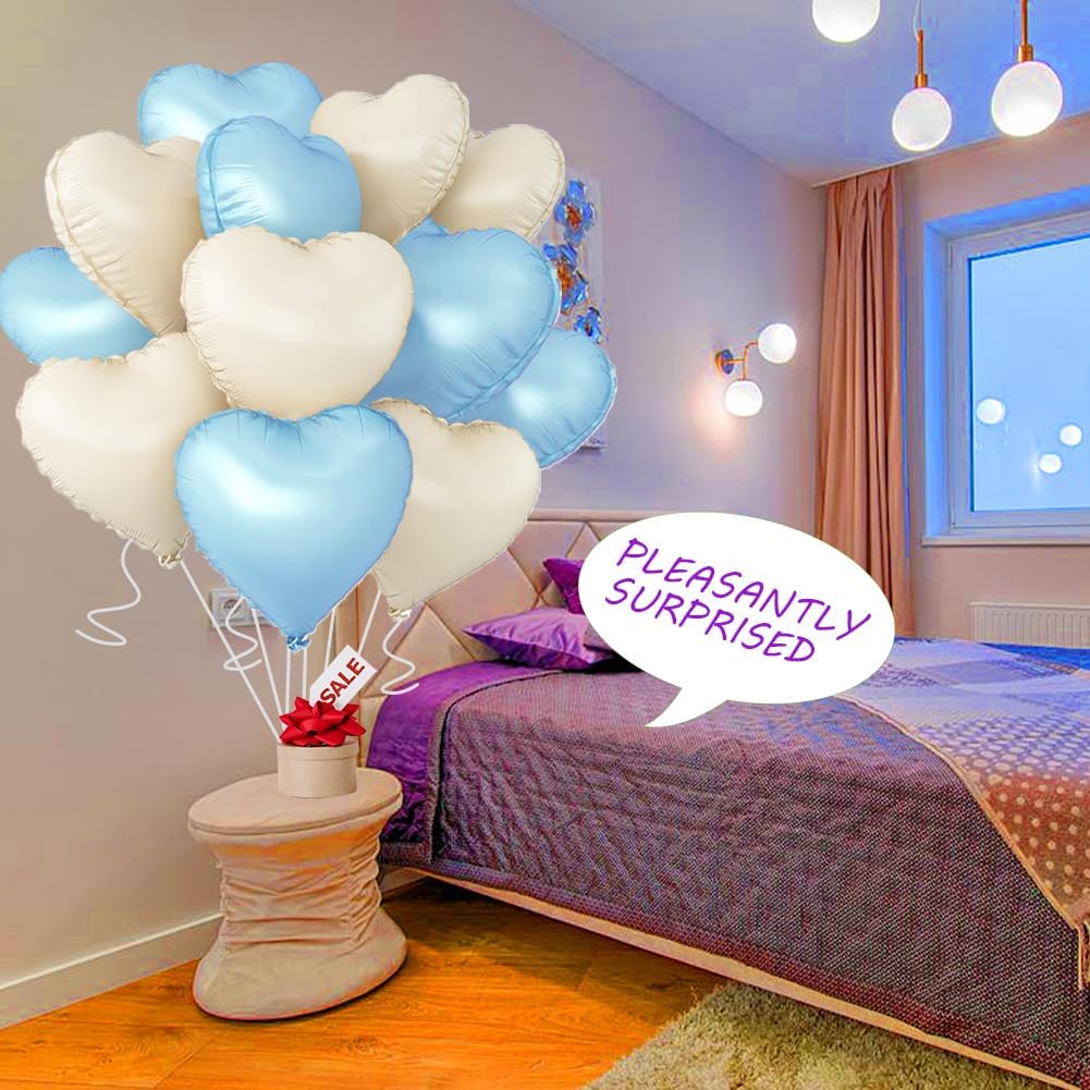 Baby White Heart Balloons，18 Inch Baby Blue Helium Foil Love Heart Shaped Balloons for Birthday Party Bridal Engagement Wedding Anniversary Baby Shower Valentines Decorations 12Pcs