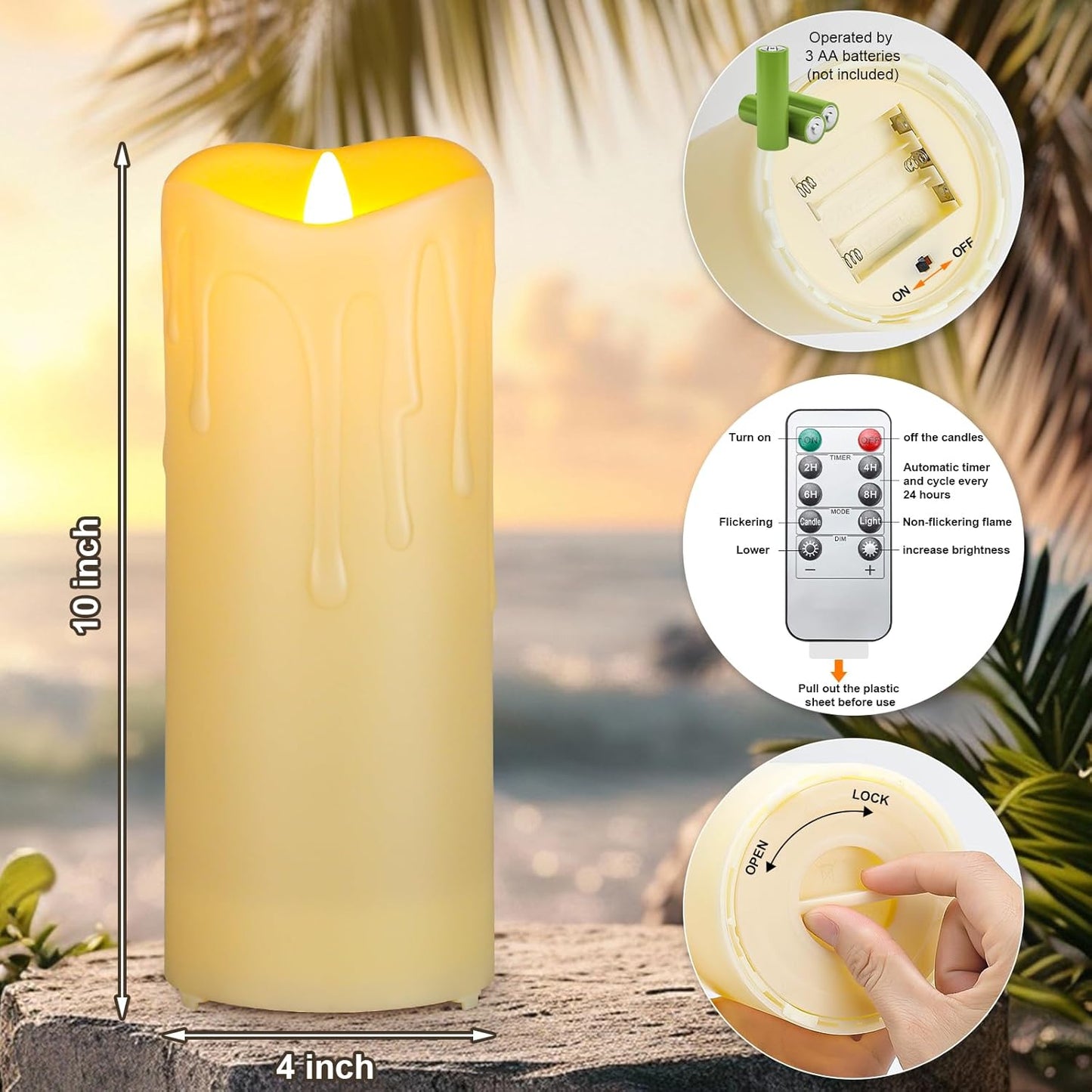 Enido Flameless Candles LED Candles Outdoor Waterproof Candles(D: 4" x H: 10") Battery Operated Plastic Pack of 2 Pillar Candle for Portico and Fireplaces