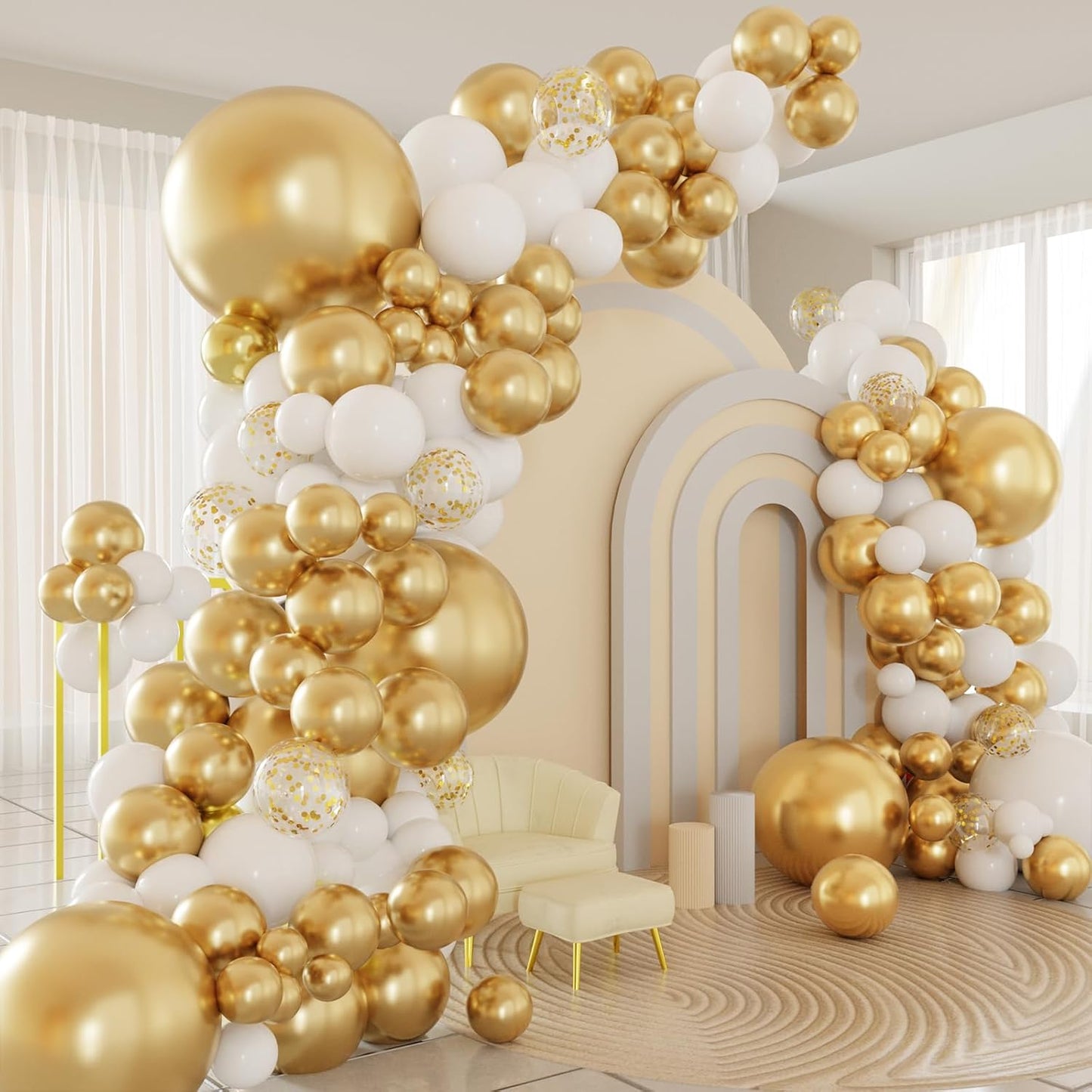 White and Gold Balloons Arch Kit, 124pcs White Gold Confetti Metallic Latex Balloons Arch for Baptism, Baby Shower, Birthday Party Decorations