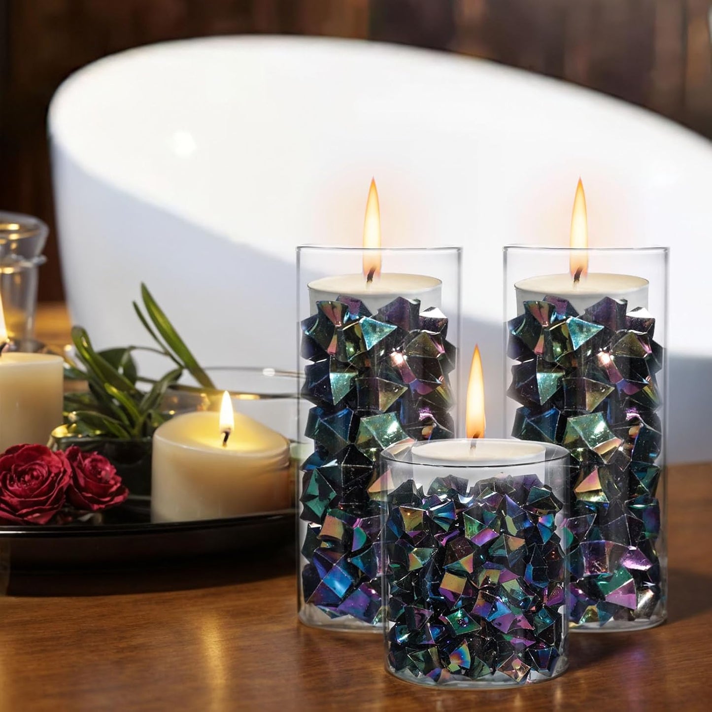 DomeStar 150PCS Iridescent Black Fake Ice, 2.5Cups Acrylic Gems Crystals Black Purple Rocks Diamonds Vase Centerpiece for Vase Fillers Party Table Scatter Wedding Food Display