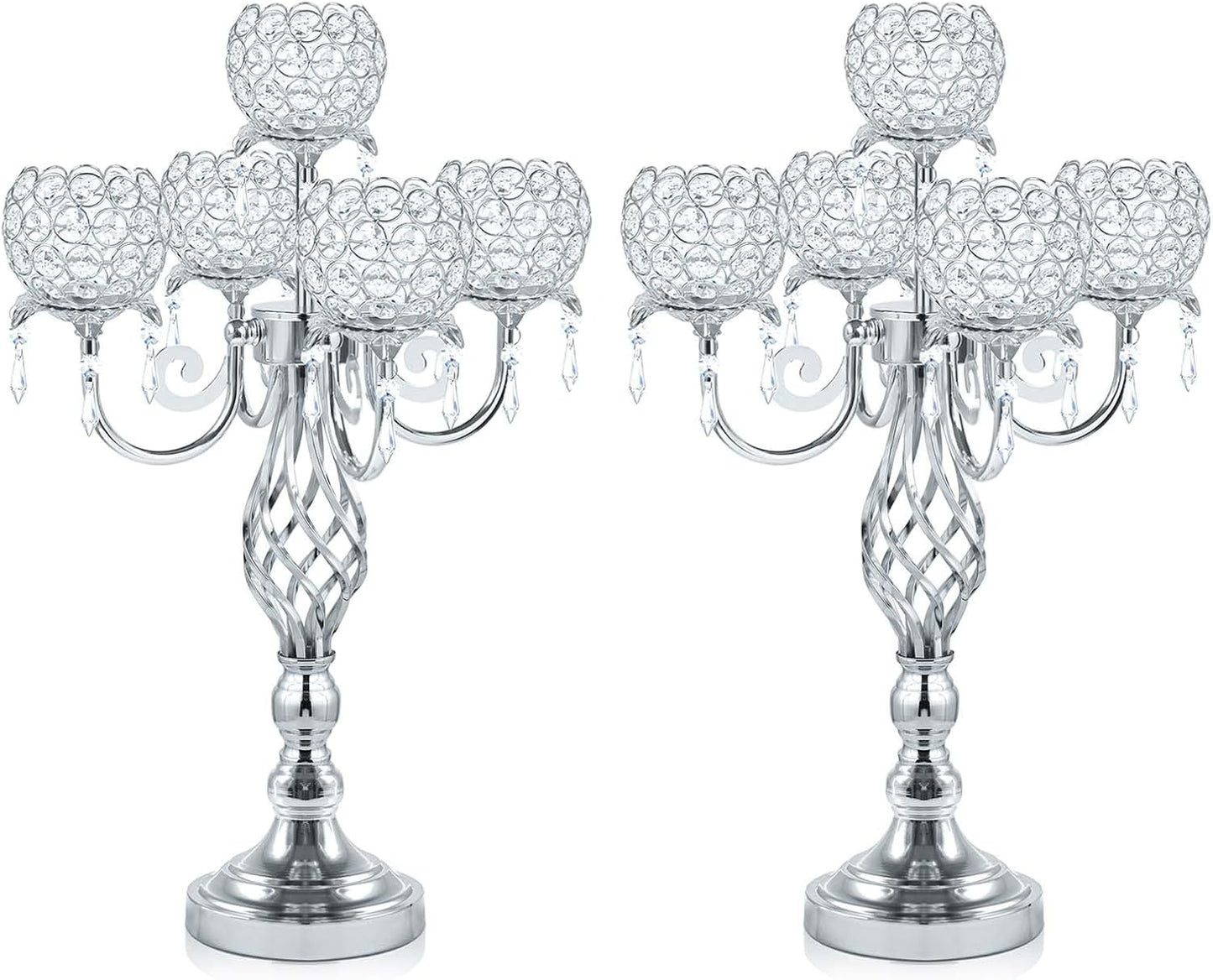 5-Arm Crystal Candelabra Centerpiece 23.2" Tall - Elegant Candle Holder Stand with Crystal Bowl, Chic Table Decor for Weddings, Parties, Anniversary & Home Decoration (2, Silver)