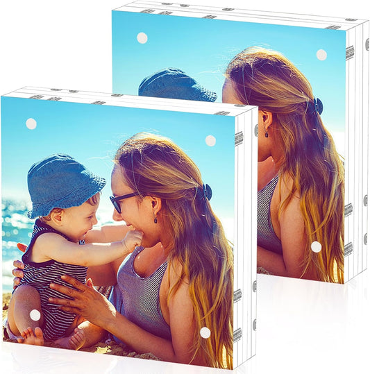 HELPLEX 2 Pack 6x6 Acrylic Picture Frames, 24mm Thicker Square Frameless Clear Frame Double Sided Magnetic Frame, Free Standing Desktop Display Stand