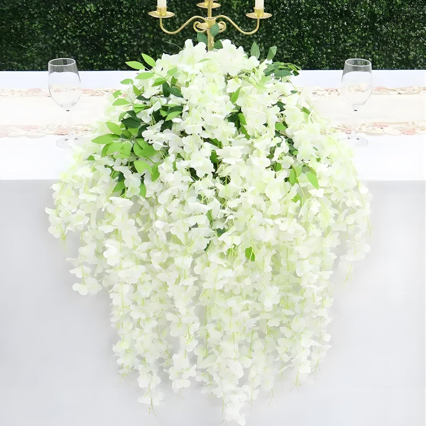 5 Pack Green White Wisteria Hanging Flowers, 3.44 Ft Fake Hanging Flowers, Artificial Wisteria Garland Vines for Wedding Room Backdrop Outdoor Patio Garden Decoration