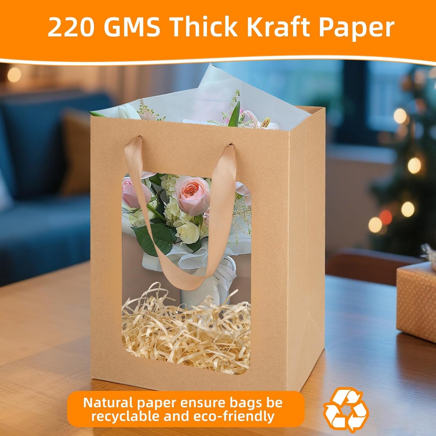 MOXARYSU 12 Pcs Brown Gift Bags with Clear Window: 9.8x5.1x7.1 Inch Medium Kraft Paper Bags with Handle For Party Business Birthday Wedding