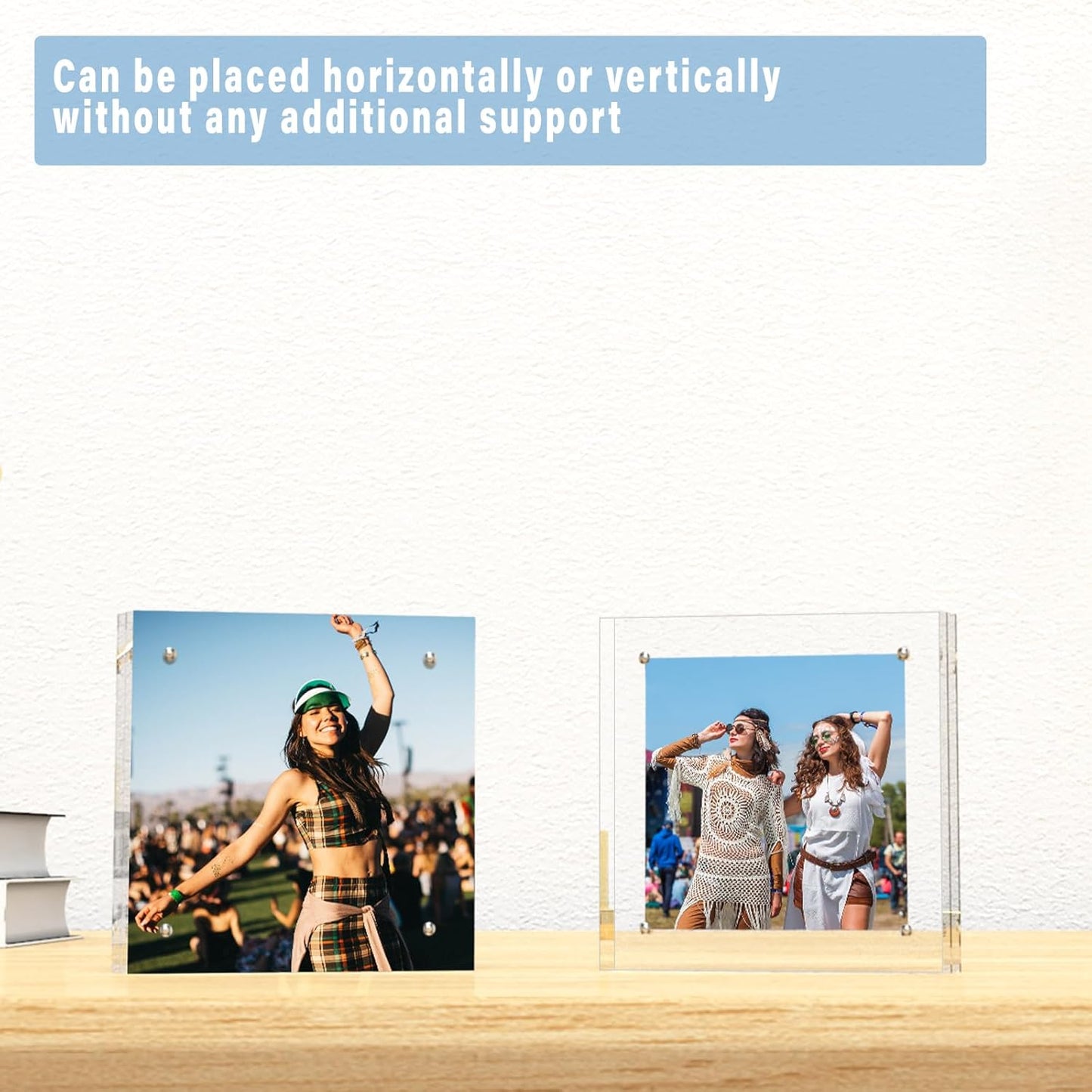 HELPLEX 3 Pack 5x5 Acrylic Picture Frames, 20mm Thicker Frameless Clear Double Sided Magnetic Frames, Free Standing Desktop Display Stands, 5x5