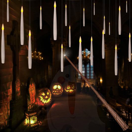 Leejec 20pcs Flameless Taper Floating Candles with Magic Wand Remote, Flickering Warm Light, Battery Operated 6.1" LED Electric Window Candle, Decor for Christmas, Wedding, Halloween, Birthday Party