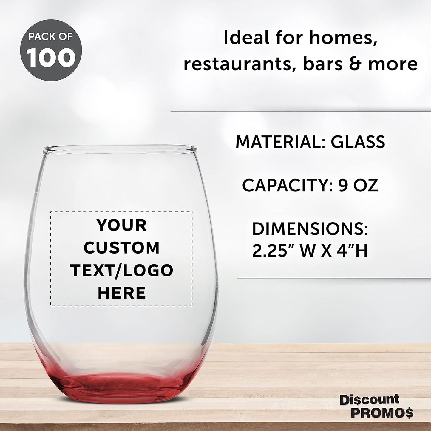 Custom Stemless Wine Glass 9 oz. Set of 100, Personalized Bulk Pack - Great for Wedding Favors, Bachelorette Party Decorations, Party Favors, Color Bottom - Red