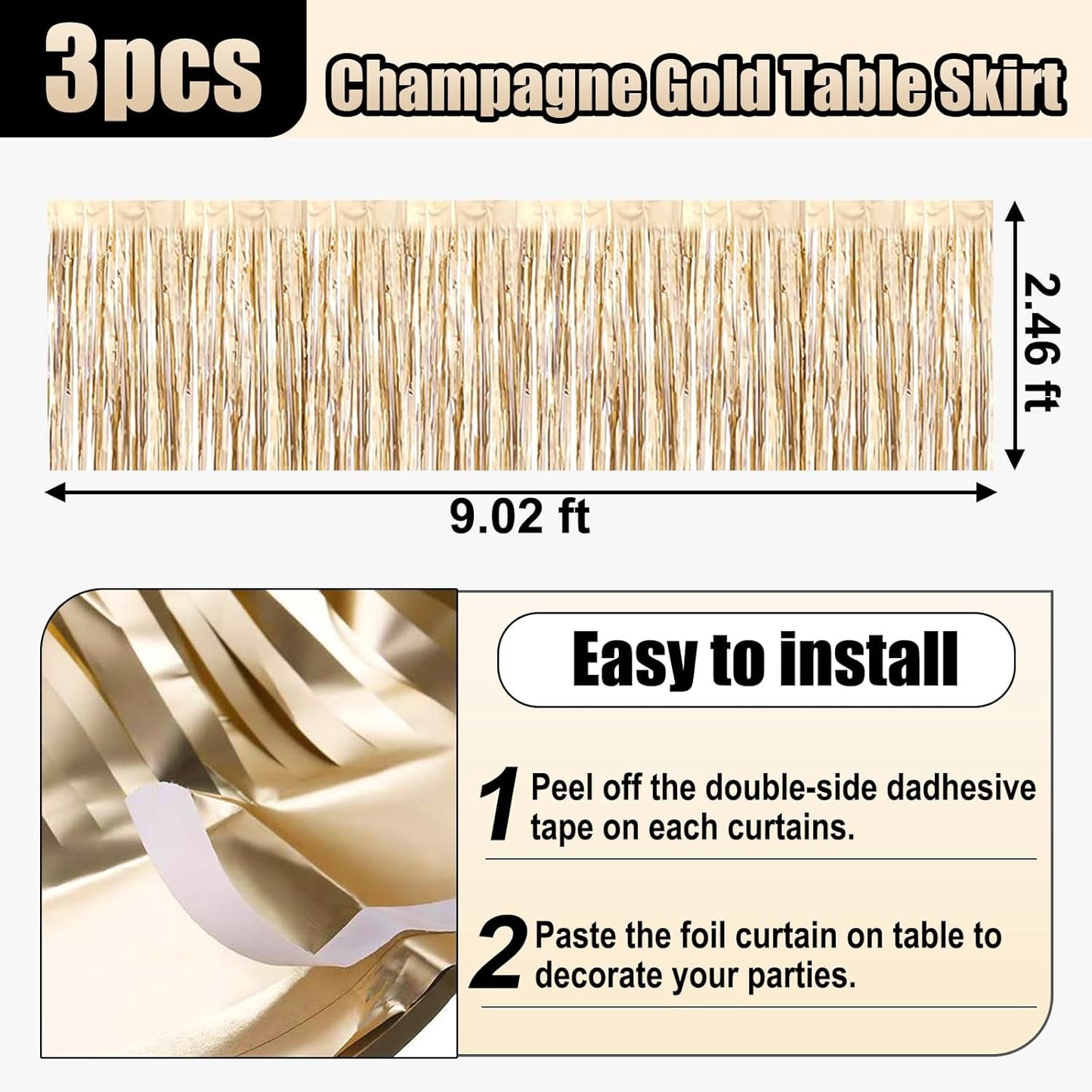3 Pack 29x108 Inch Champagne Gold Foil Fringe Table Skirts Metallic Banner for Tinsel Streamer Garland Backdrop for Parade Floats Wedding Thanksgiving Birthday Christmas Halloween Party Decoration