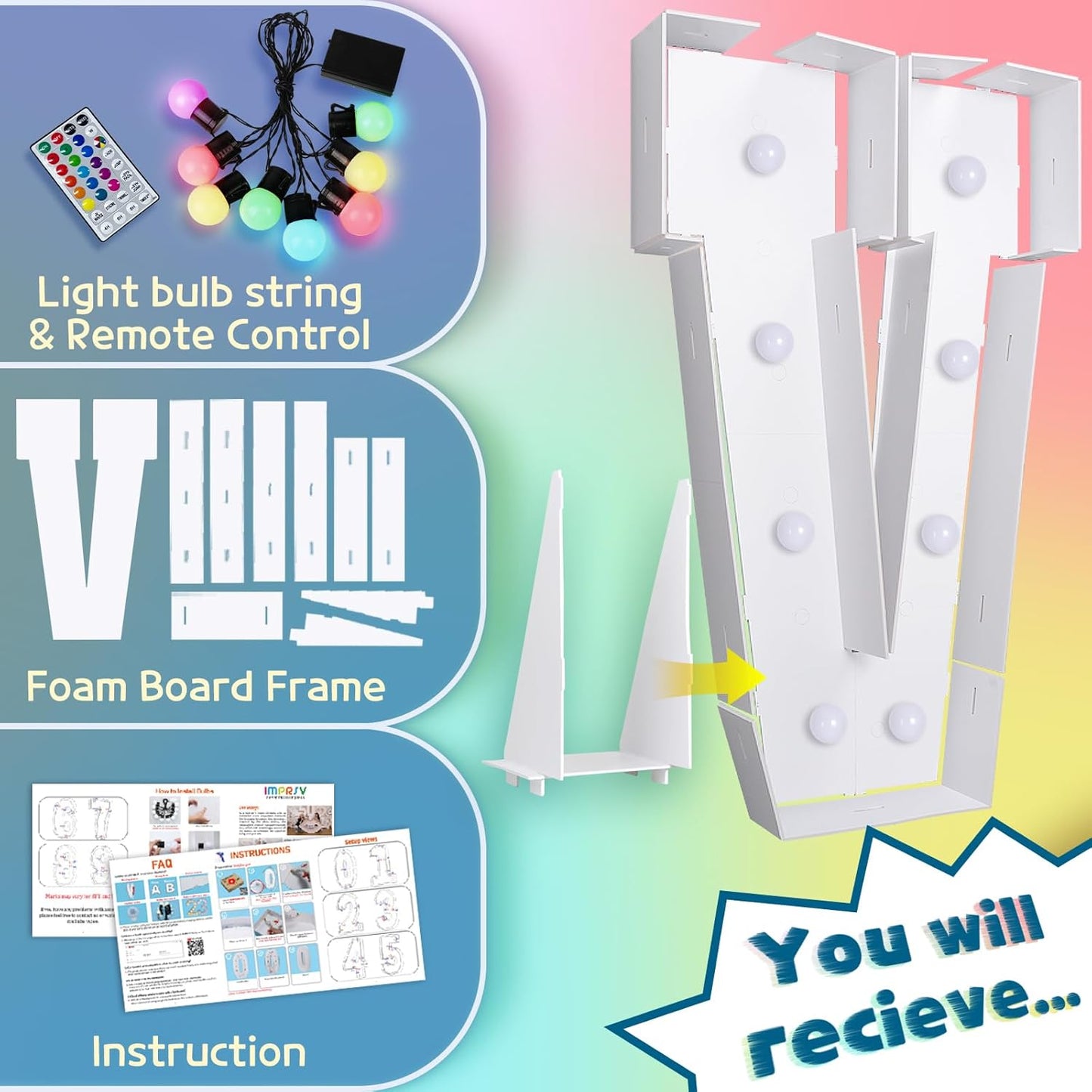 imprsv 3FT Colorful Marquee Light Up Letters V, 18 Colors Light Up Sign Alphabet Sign with Remote, One Letters First Birthday, Large Letters for Birthday Engagement Anniversary Wedding Party Decor