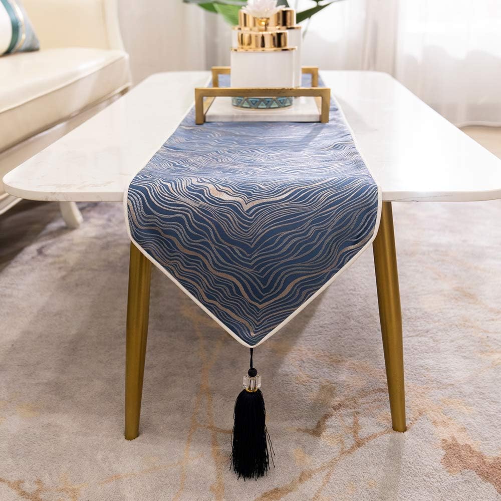 Avigers 12 x 72 Inch Decorative Luxury Abstract Striped Navy Blue Table Runners with Tassels for Home Living Room Bedroom Art Decor Wedding