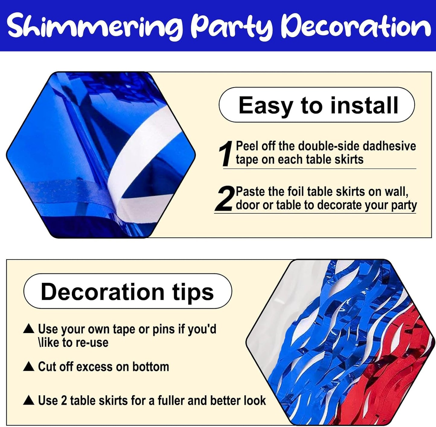 6 Pack 29 x108 Inch White Blue Red Wave Foil Fringe Table Skirts Metallic Banner for Tinsel Streamer Garland Backdrop for Parade Floats, Mother's Day, Easter, Wedding, Birthday Party Decoration