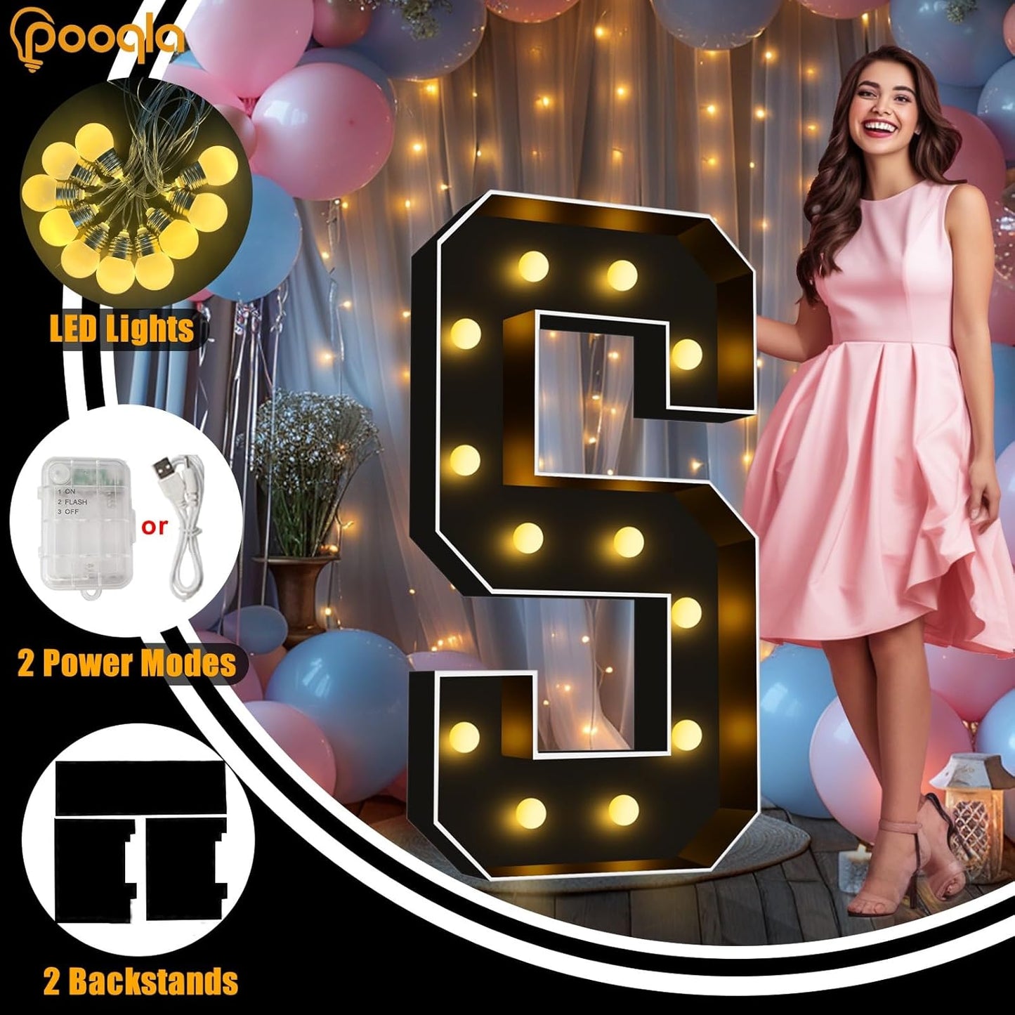 Pooqla 4 FT Marquee Light Up Letters, Giant Sign Black Marquee Letter Lights, 4 Feet Tall Big Mosaic Letters for Balloons Birthday Party Anniversary Wedding Decorations, Warm White A