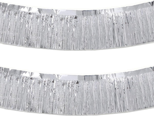 Silver Foil Fringe Garland 10FT 2packs, Metallic Foil Tinsel Fringe Banners for Parade Float Decorations Wedding, Birthday Party Graduation (Two Silver)