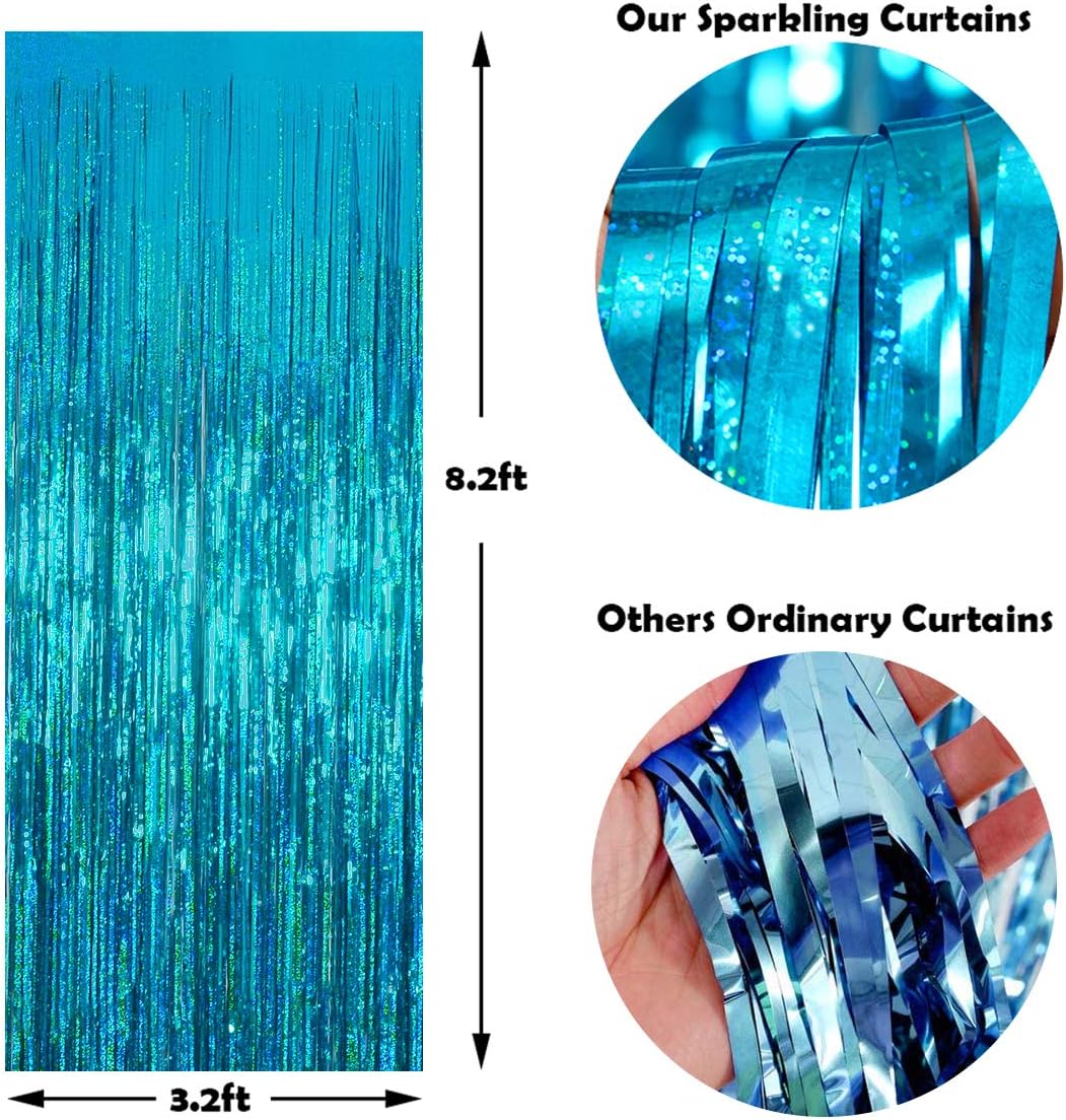 Melsan 2 Pack 3.2 ft x 8.2 ft Teal Tinsel Foil Fringe Curtains Backdrop, Sparkle Metallic Foil Curtains for Frozen/Mermaid/Under Sea Birthday Party Decoration