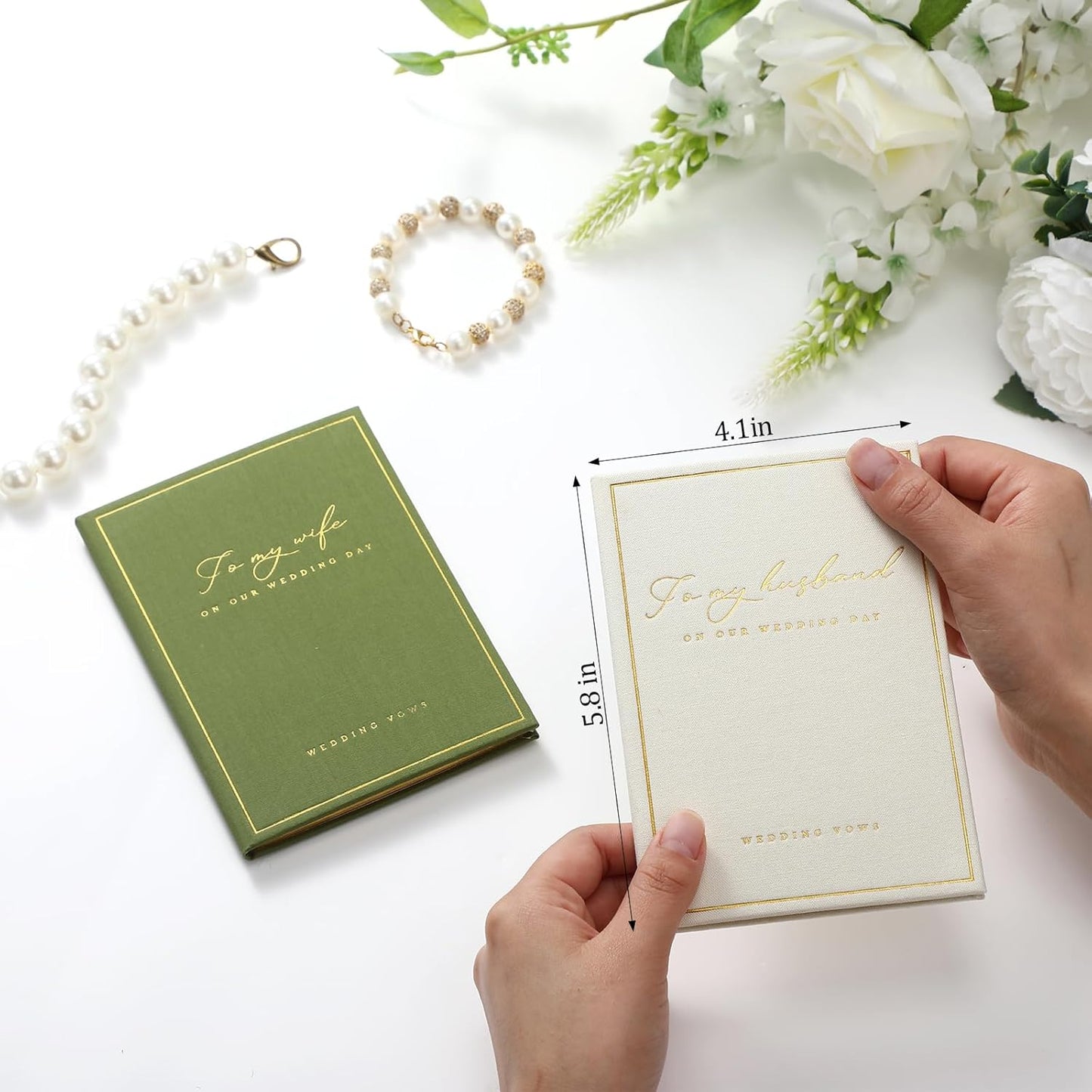 Engrowtic 2 Pcs Wedding Vow Books His and Her to Husband Wife Wedding Must Have Registry Ideas Gold Foil Lined Page Premium Engagement Gift for Guest Groom Newly Engaged Couple(Green-white)