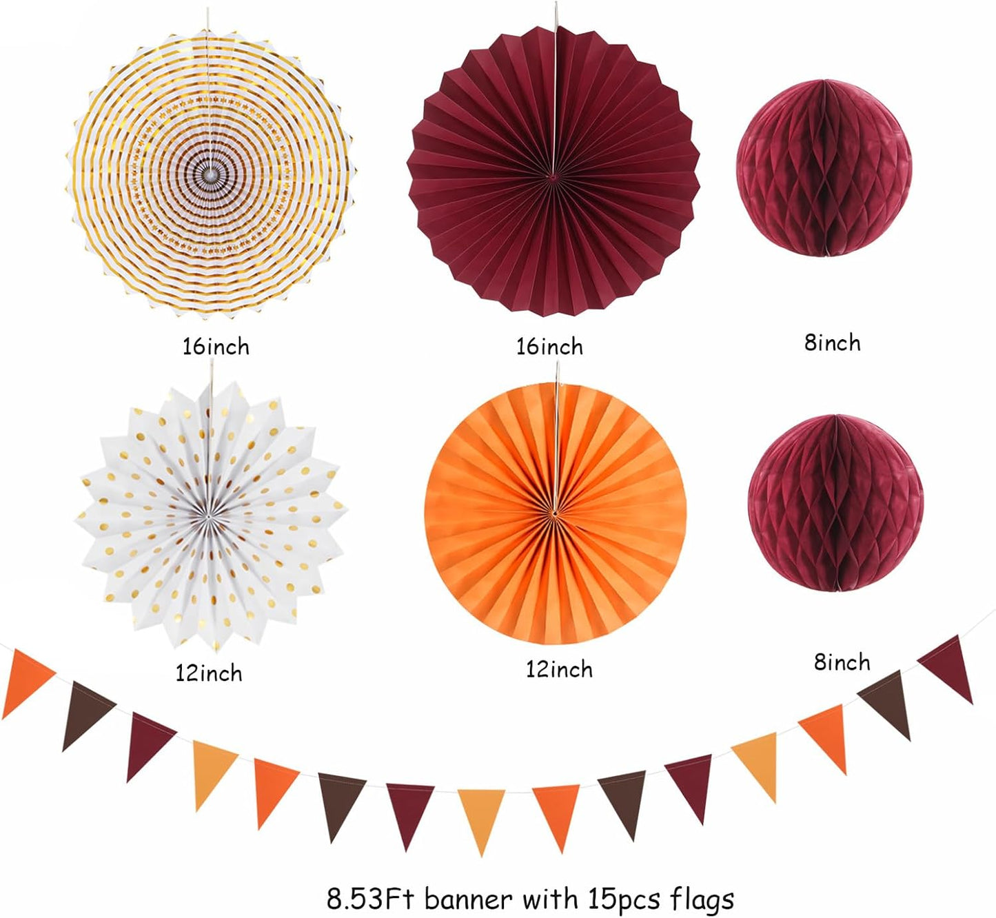 Burgundy Brown-Orange Baby-Shower Boho Party-Decorations - 20pcs Fall Autumn Paper Lanterns Fans,Tissue Pom Poms,Honeycomb Balls,Wedding Birthday Bridal Harvest Thanksgiving Festival Decor Burgleda