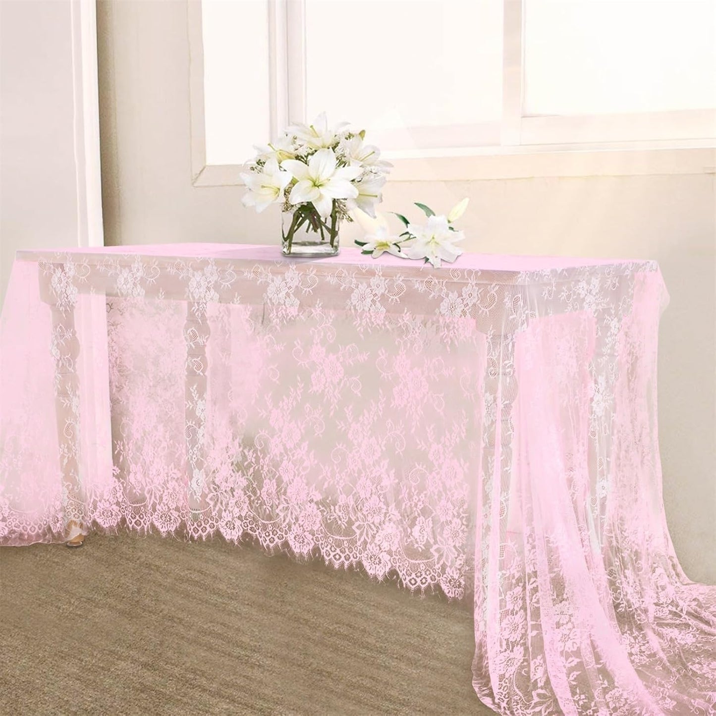 LuoluoHouse Pink Lace Table Cloth 60x120inch Tablecloth for Decorations Wedding Bridal Baby Shower Indoor Outdoor Event