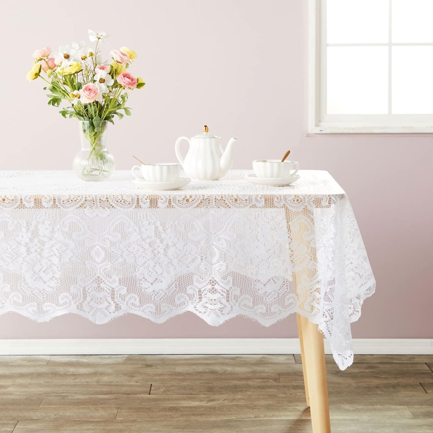 Juvale Rectangular Lace Tablecloth - White Lace, 54 x 72 in Vintage Floral Scalloped Polyester - Wedding & Tea Party Table Cloth & Baby Shower Tablecloth