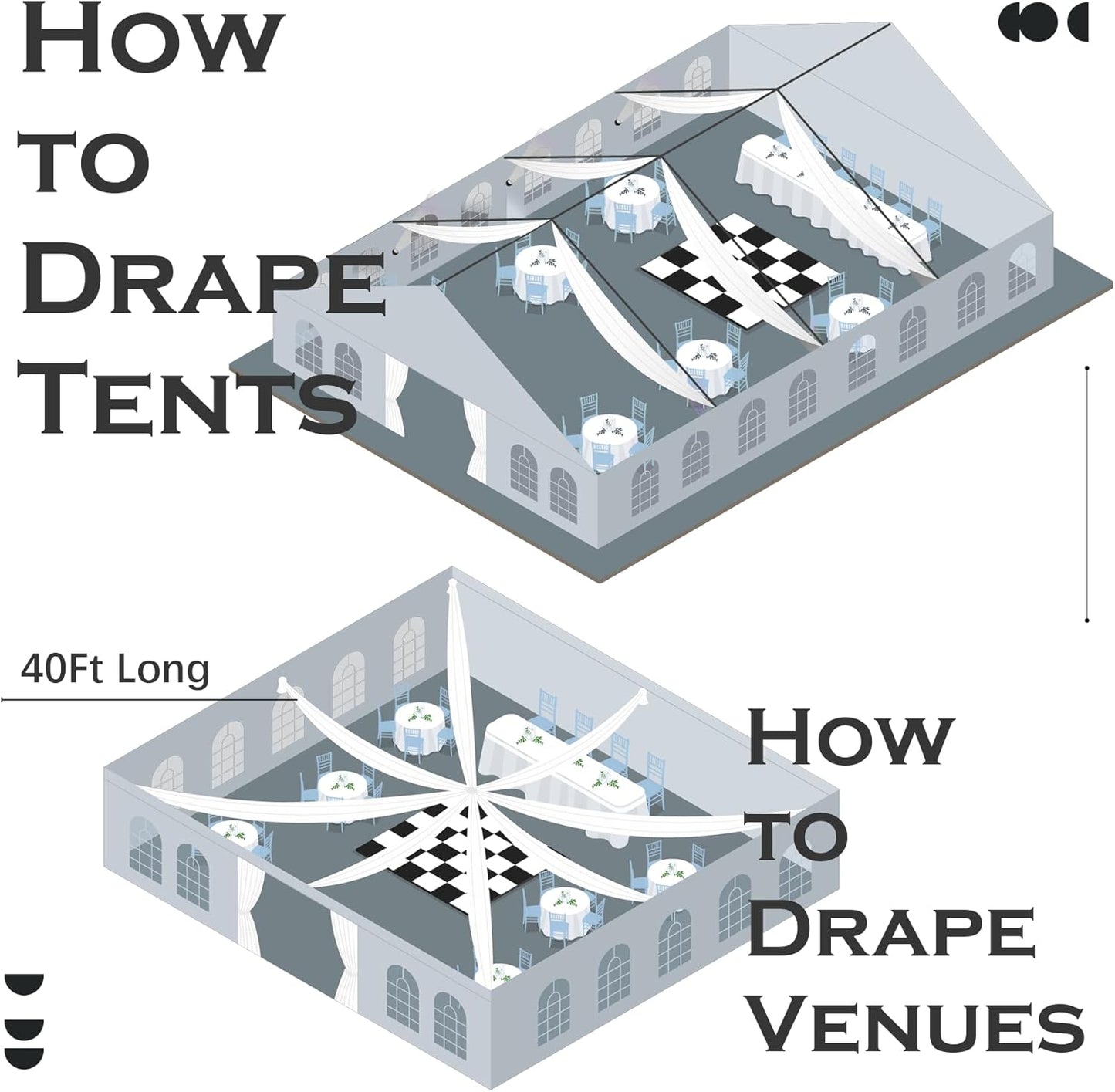 PartyVillage 60ftx40ft White Ceiling Curtain for Wedding Parties – 12 Panels Wrinkle-Free 40 FT Long Tent Draping Curtains for Wedding, Birthday & Theme Parties, 40ft Height with Rod Pocket