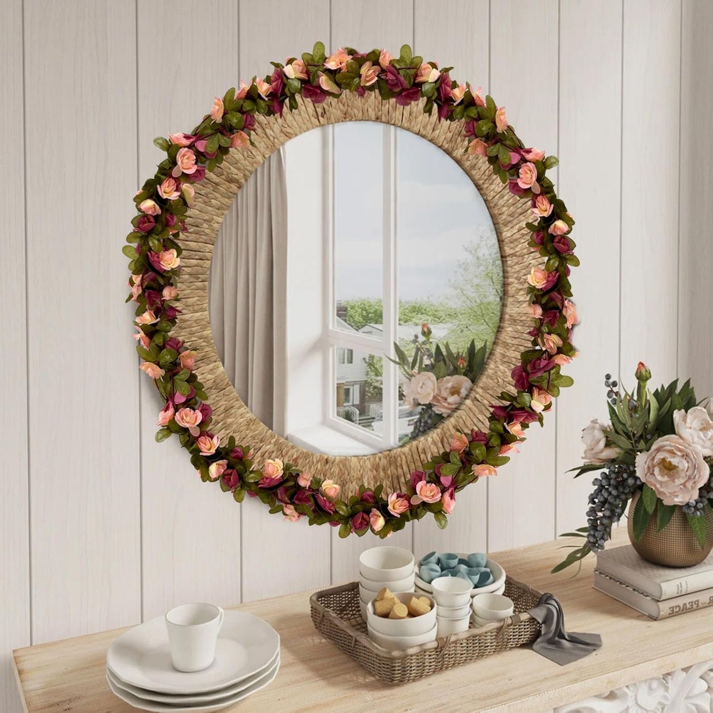 16Pcs 126Ft Dark Pink&Yellow Rose Garland, Fake Rose Hanging Flowers, Artificial Flower Vine, Hanging Floral Vine Garland for Wedding, Wall Arch, Halloween, Christmas Garden Backdrop Decor