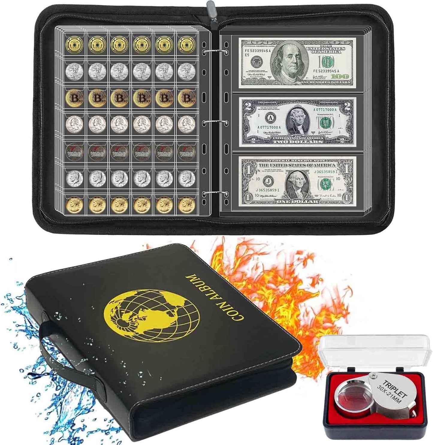 321 Pockets Fireproof Coin Collection Holder Album Book for Collectors, 312 Pockets Coins Collecting Album and 9 Sleeves Paper Money Coins Collecting Album for Coin Currency Collection Supplies, Stamp