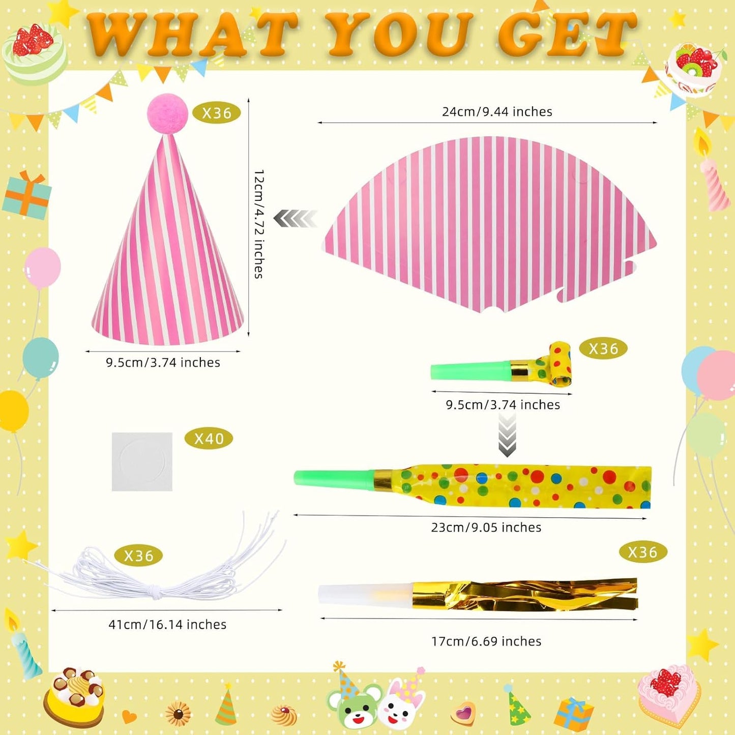 116 PCS Birthday Party Cone Hats Assorted Colors Cone Paper Hat with Colorful Blowers and Metallic Fringed Noise Makers Blowouts for Kids Adults Birthday Baby Shower Party Supplies